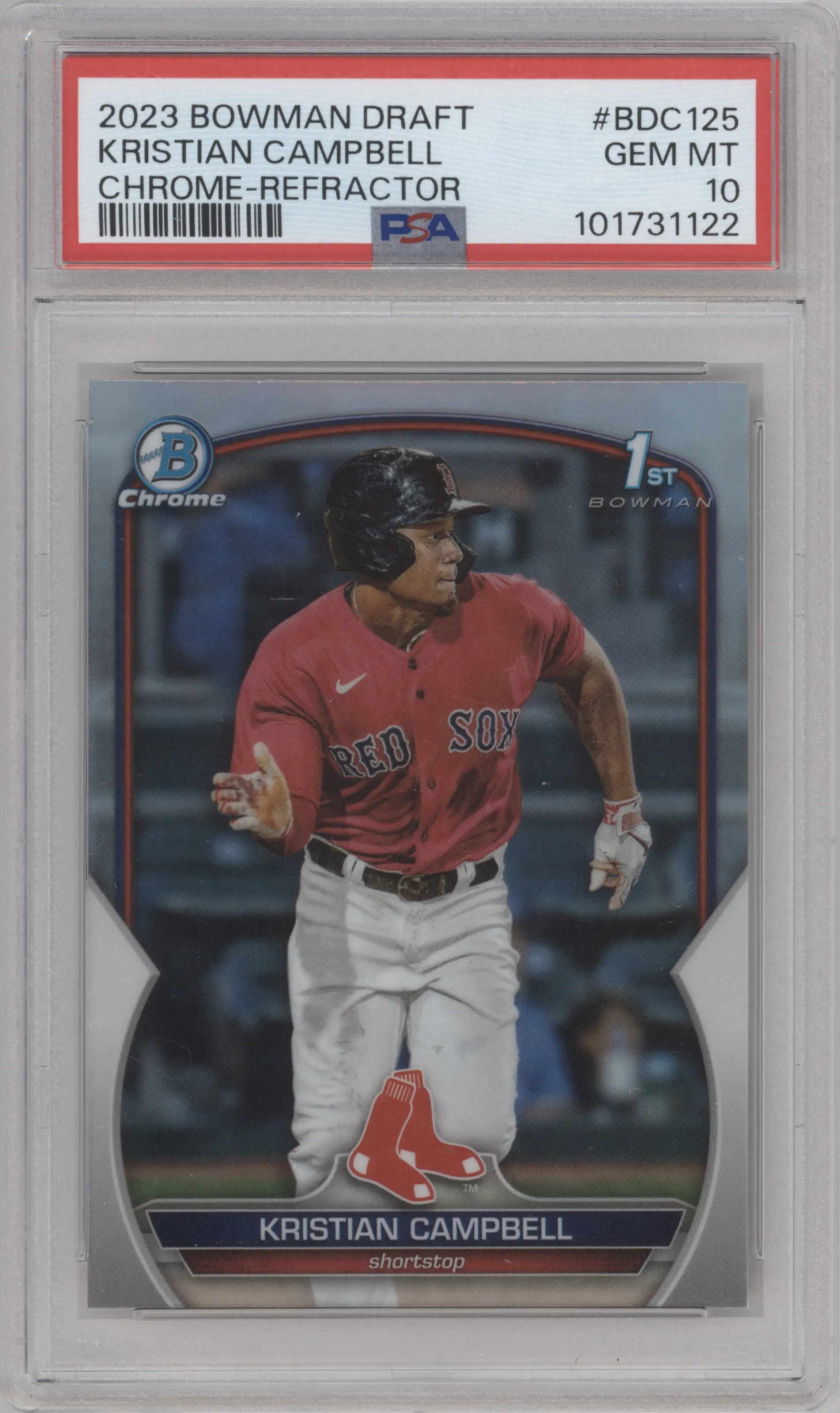 Kristian Campbell from the 2023 Bowman Draft set featuring a Refractor parallel graded by PSA and given an overall grade of 10.