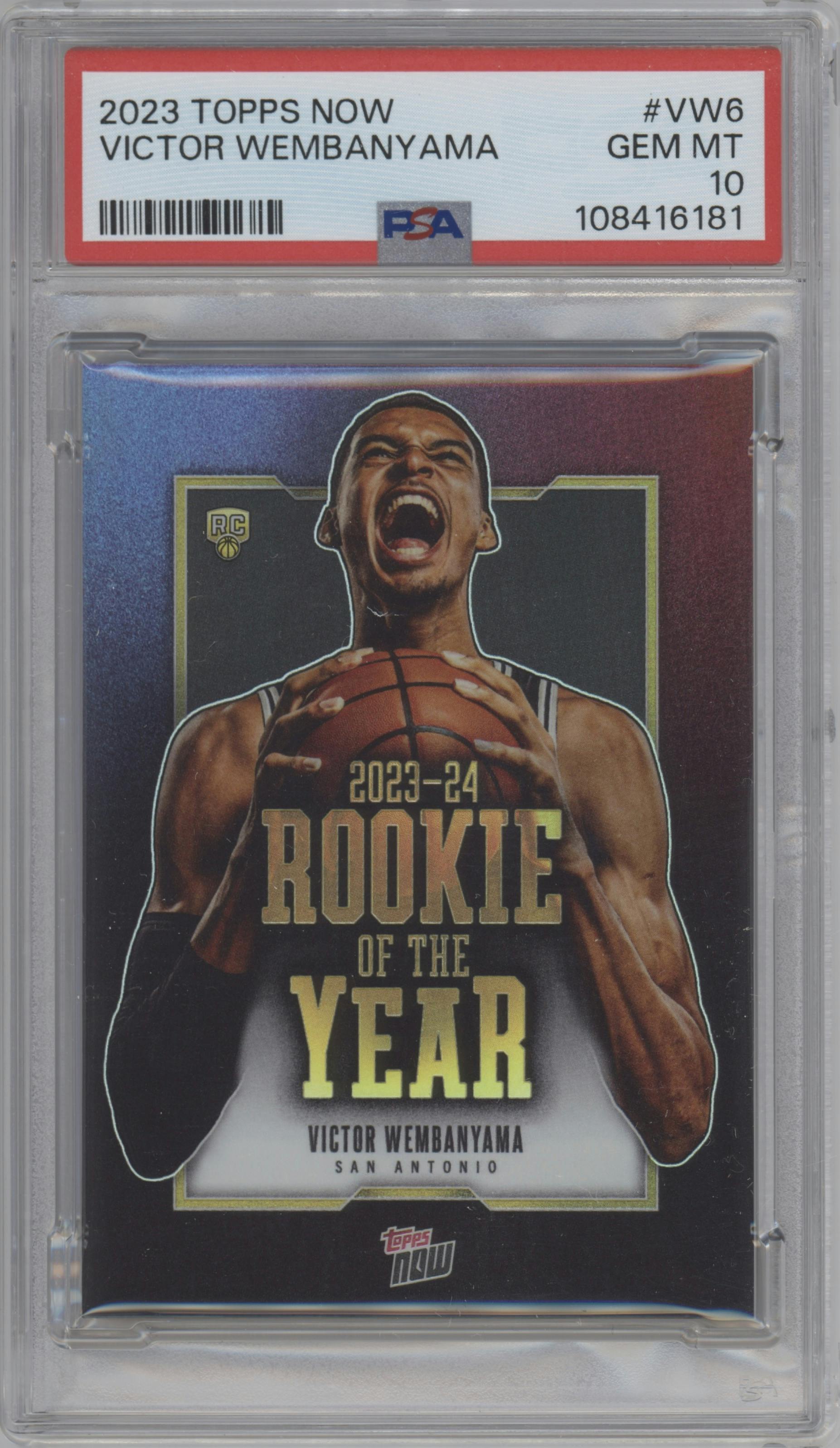 Victor Wembanyama from the 2023-24 Topps Now set graded by PSA and given an overall grade of 10.
