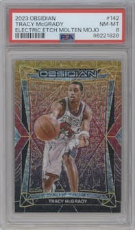Tracy McGrady from the 2023-24 Panini Obsidian set featuring a Electric Etch Molten Mojo parallel graded by PSA and given an overall grade of 8.