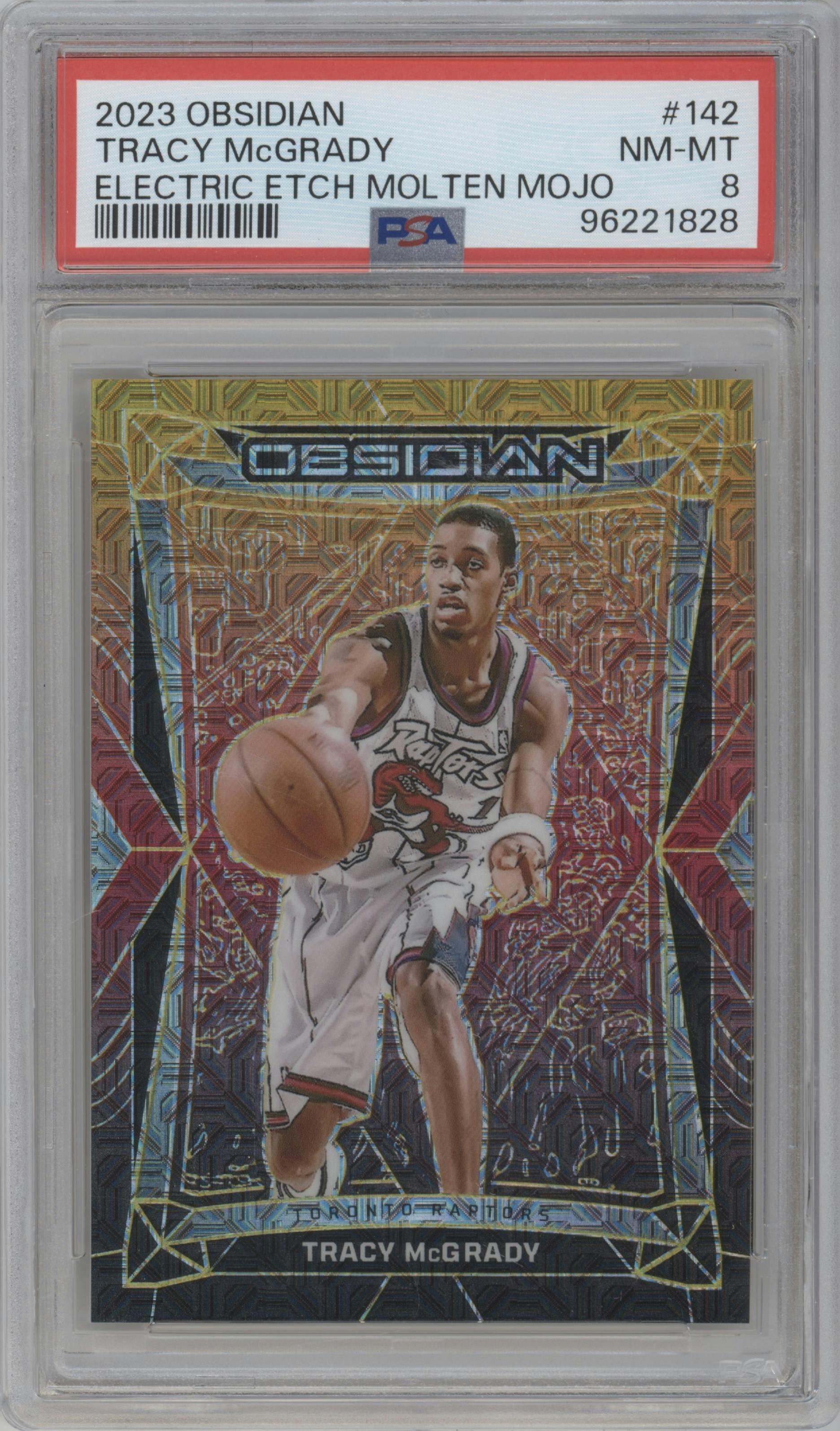 Tracy McGrady from the 2023-24 Panini Obsidian set featuring a Electric Etch Molten Mojo parallel graded by PSA and given an overall grade of 8.