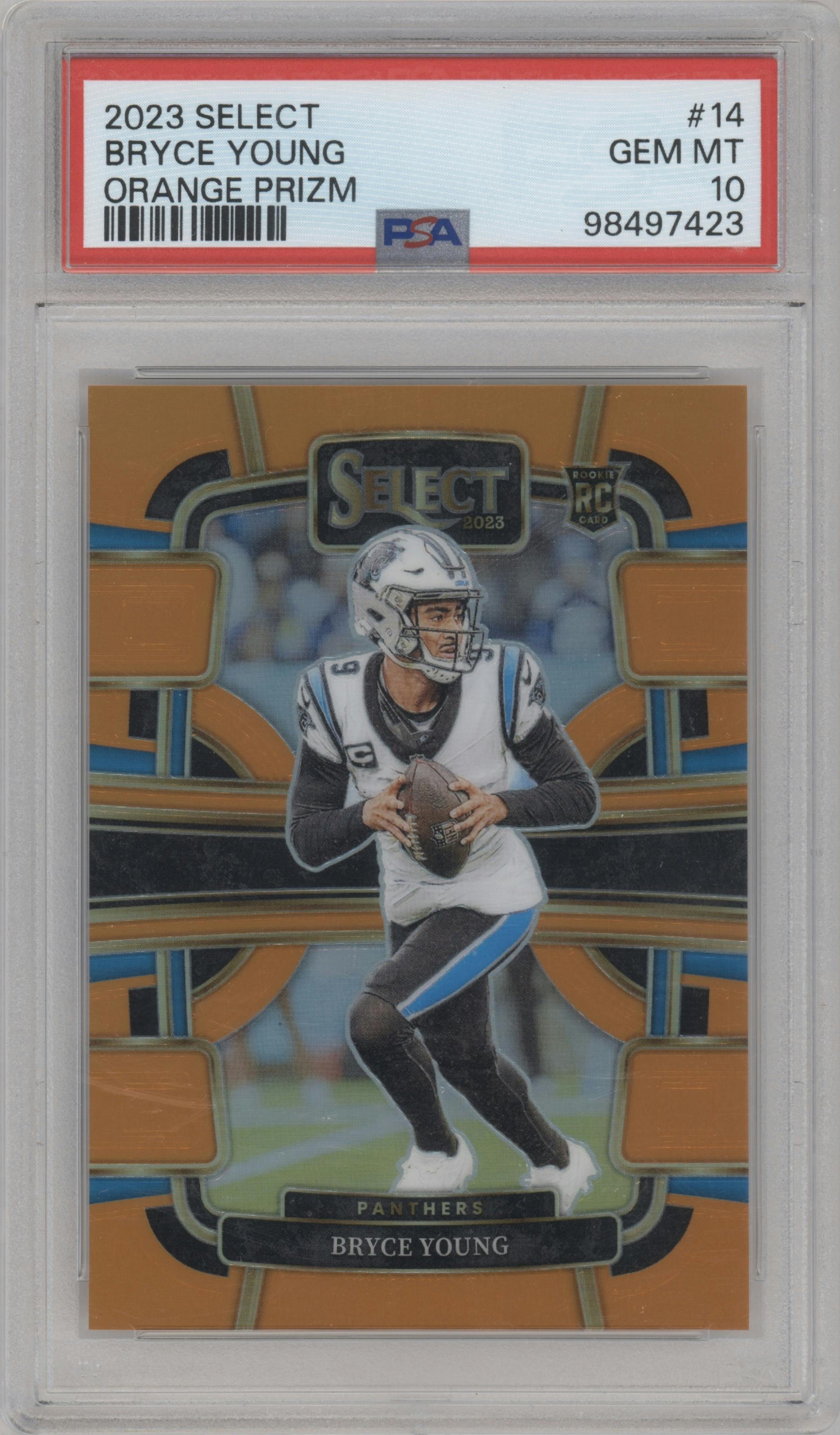 Bryce Young from the 2023 Panini Select set featuring a Orange Prizm parallel graded by PSA and given an overall grade of 10.