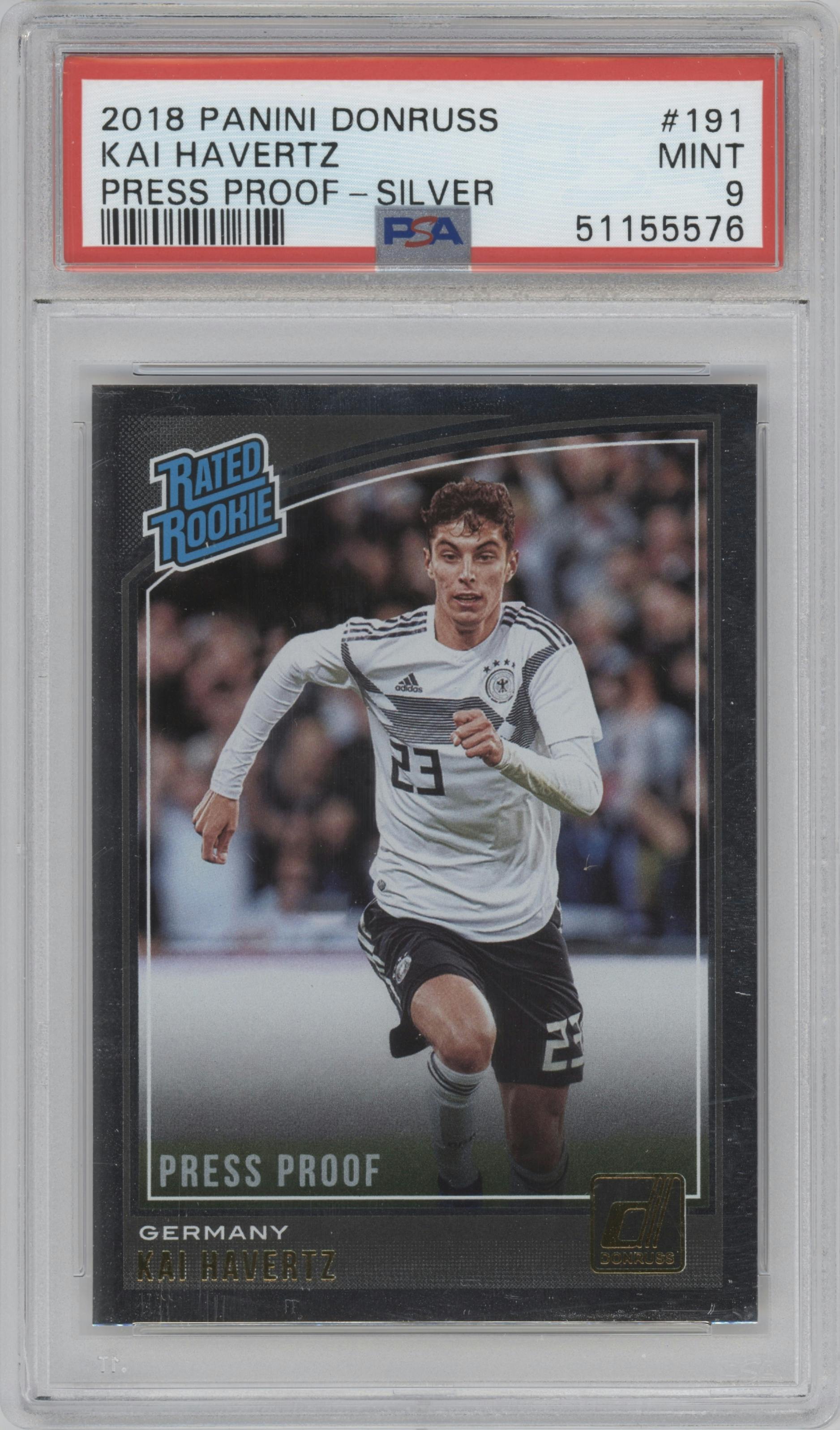 Kai Havertz from the 2018-19 Panini Donruss set featuring a Press Proof Silver parallel graded by PSA and given an overall grade of 9.
