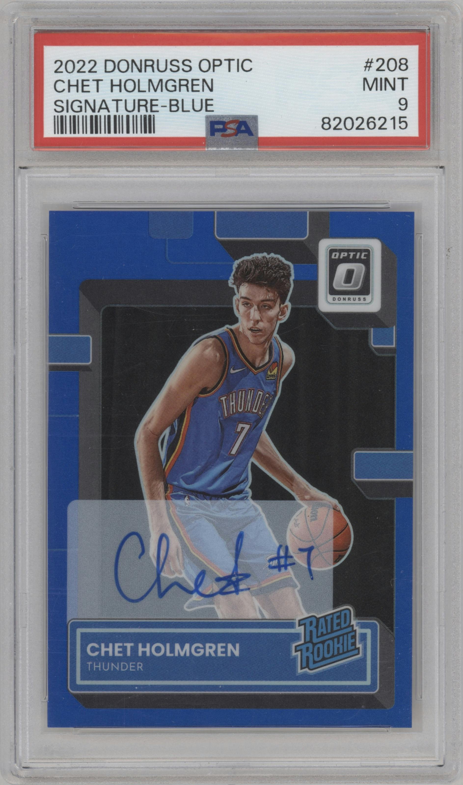 Chet Holmgren from the 2022-23 Panini Donruss Optic  set featuring a Blue parallel graded by PSA and given an overall grade of 9.
