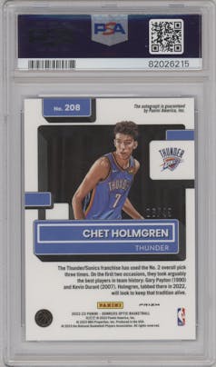 Chet Holmgren from the 2022-23 Panini Donruss Optic  set featuring a Blue parallel graded by PSA and given an overall grade of 9.