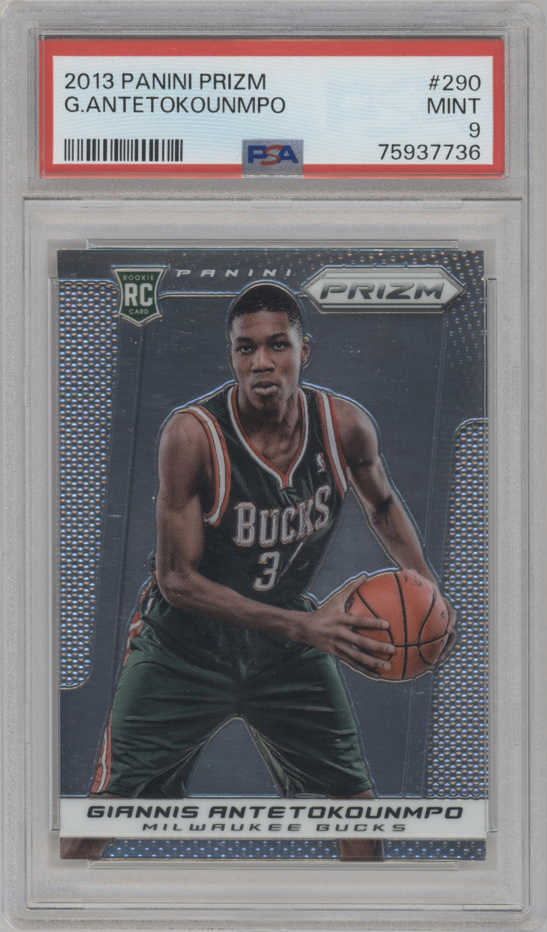 Giannis Antetokounmpo from the 2013-14 Panini Prizm set graded by PSA and given an overall grade of 9.