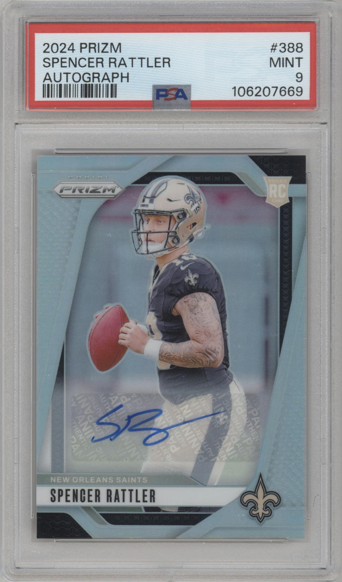 Spencer Rattler from the 2024 Panini Prizm set graded by PSA and given an overall grade of 9.