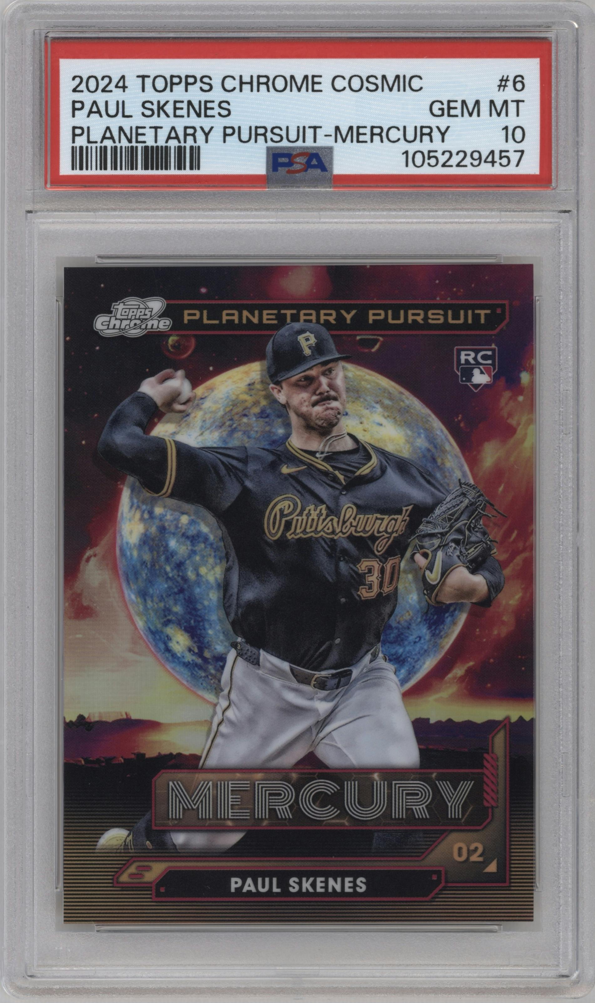 Paul Skenes from the 2024 Topps Cosmic Chrome set graded by PSA and given an overall grade of 10.