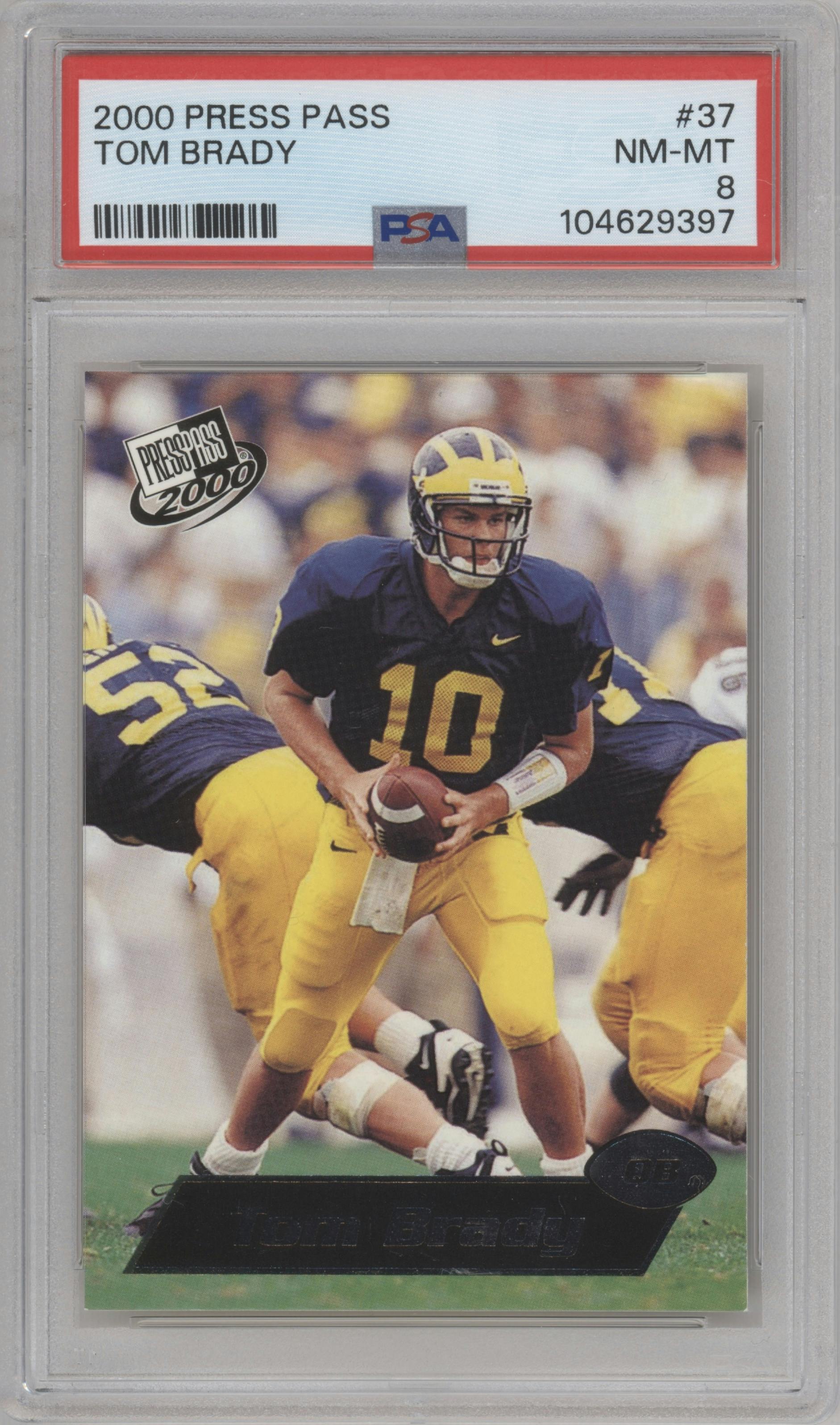 Tom Brady from the 2000 Press Pass set graded by PSA and given an overall grade of 8.