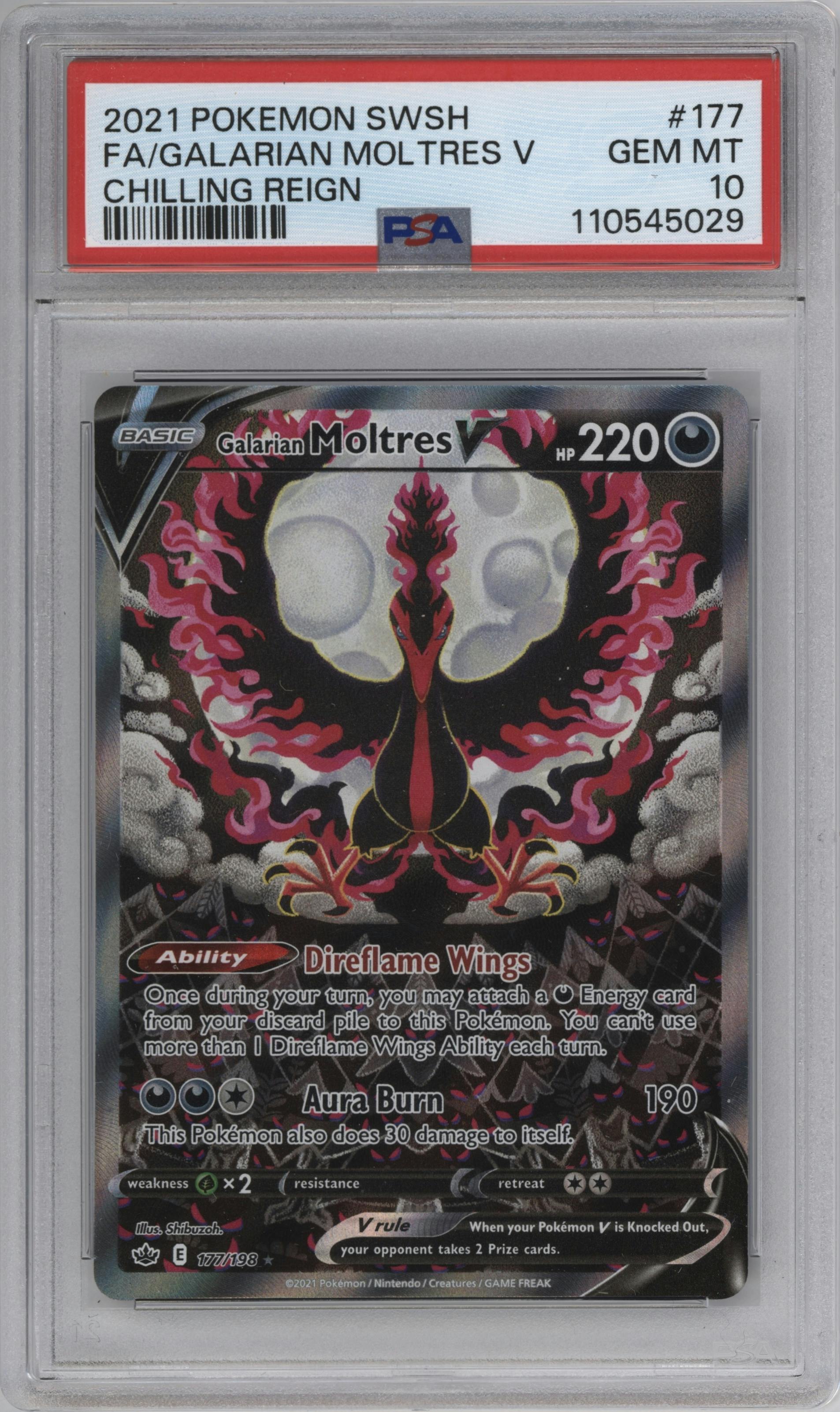 Galarian Moltres V from the 2021 Pokemon SWSH set graded by PSA and given an overall grade of 10.