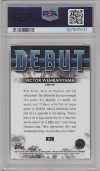 Victor Wembanyama from the 2023-24 Finest set featuring a Black Refractor parallel graded by PSA and given an overall grade of 9.