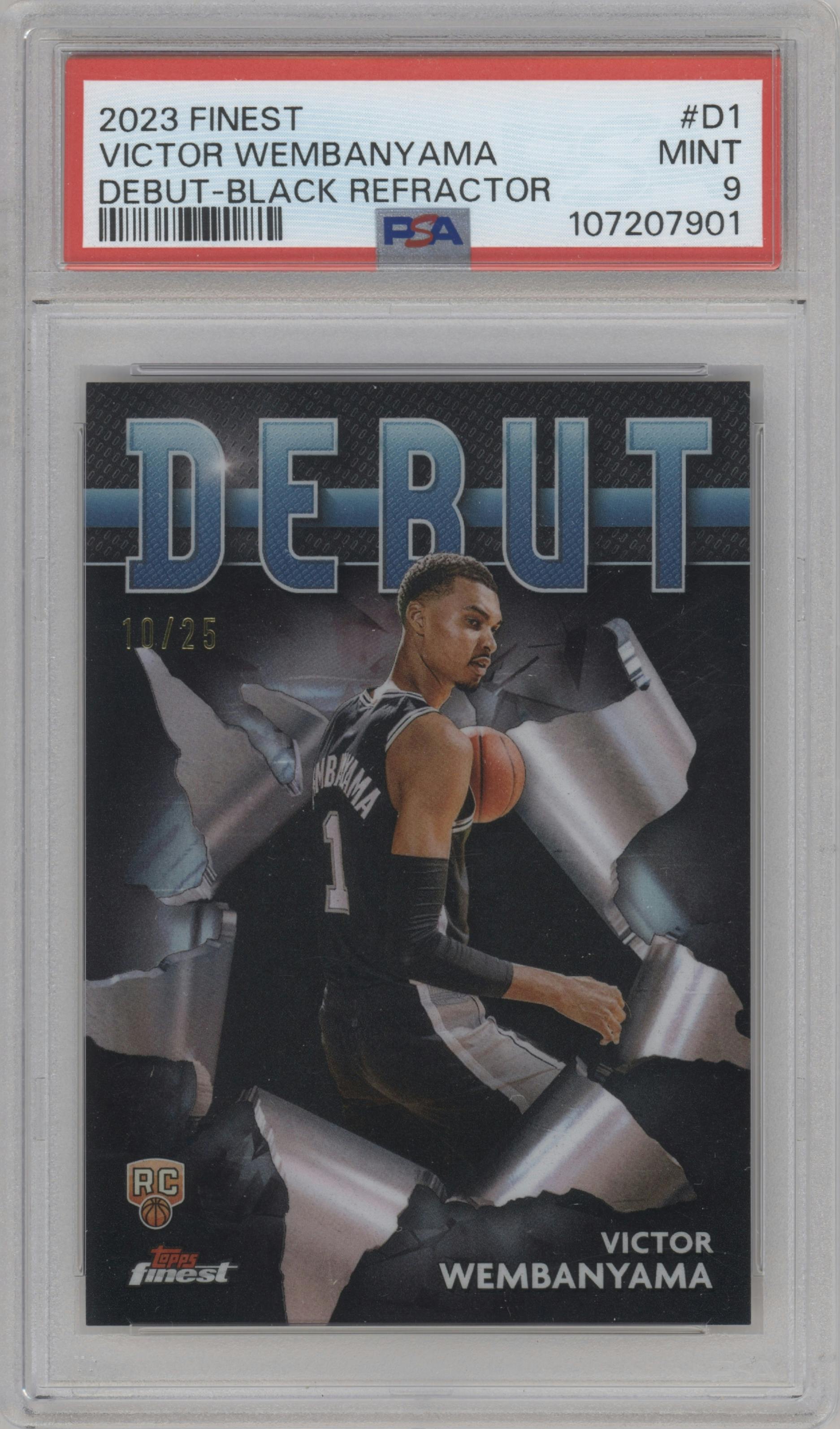 Victor Wembanyama from the 2023-24 Finest set featuring a Black Refractor parallel graded by PSA and given an overall grade of 9.
