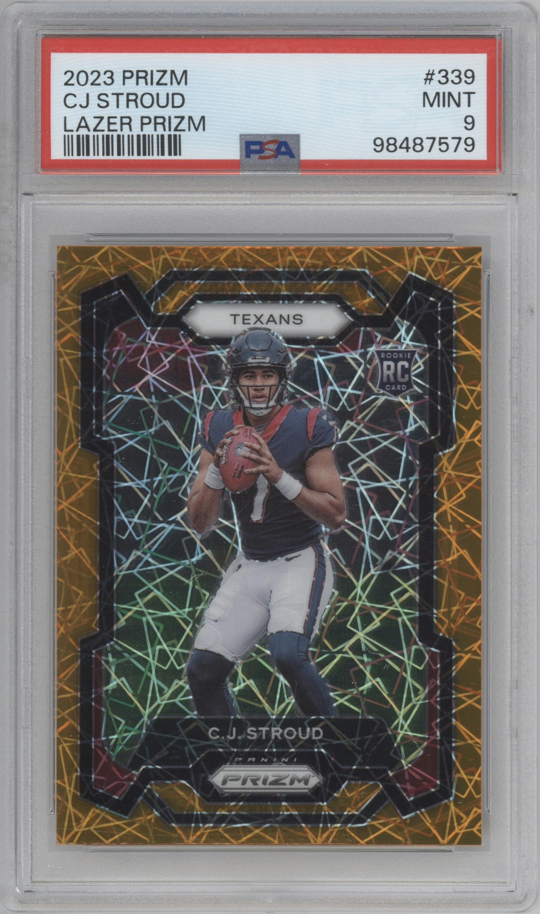 C.J. Stroud from the 2023 Panini Prizm set featuring a Lazer parallel graded by PSA and given an overall grade of 9.