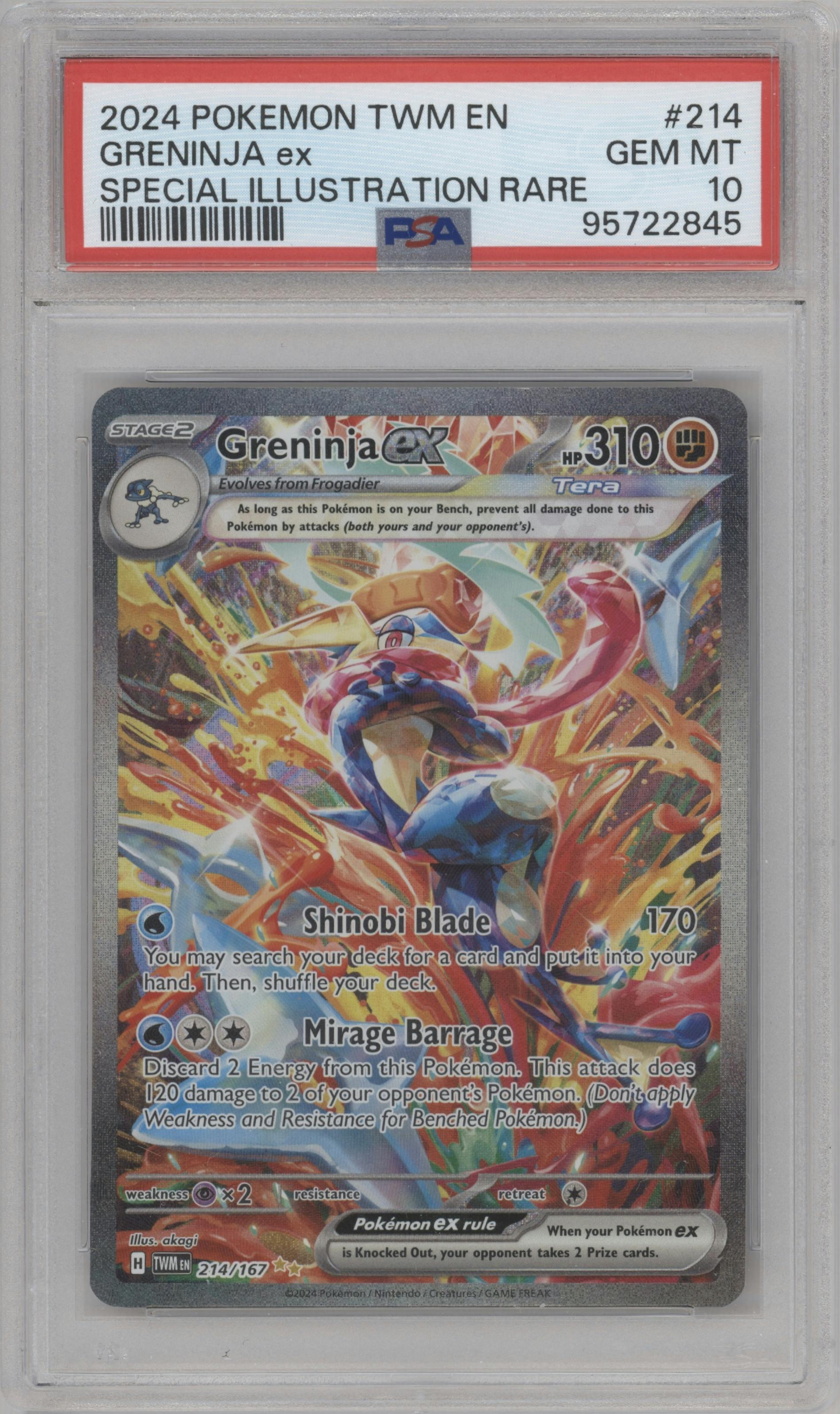 Greninja ex from the 2024 Pokemon SV set graded by PSA and given an overall grade of 10.