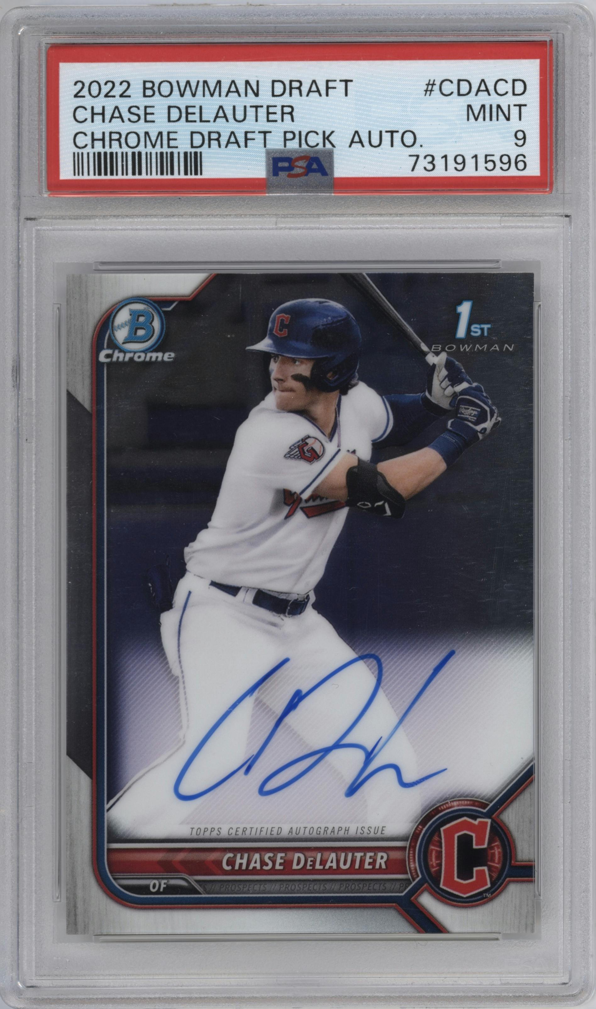 Chase DeLauter from the 2022 Bowman Draft set graded by PSA and given an overall grade of 9.