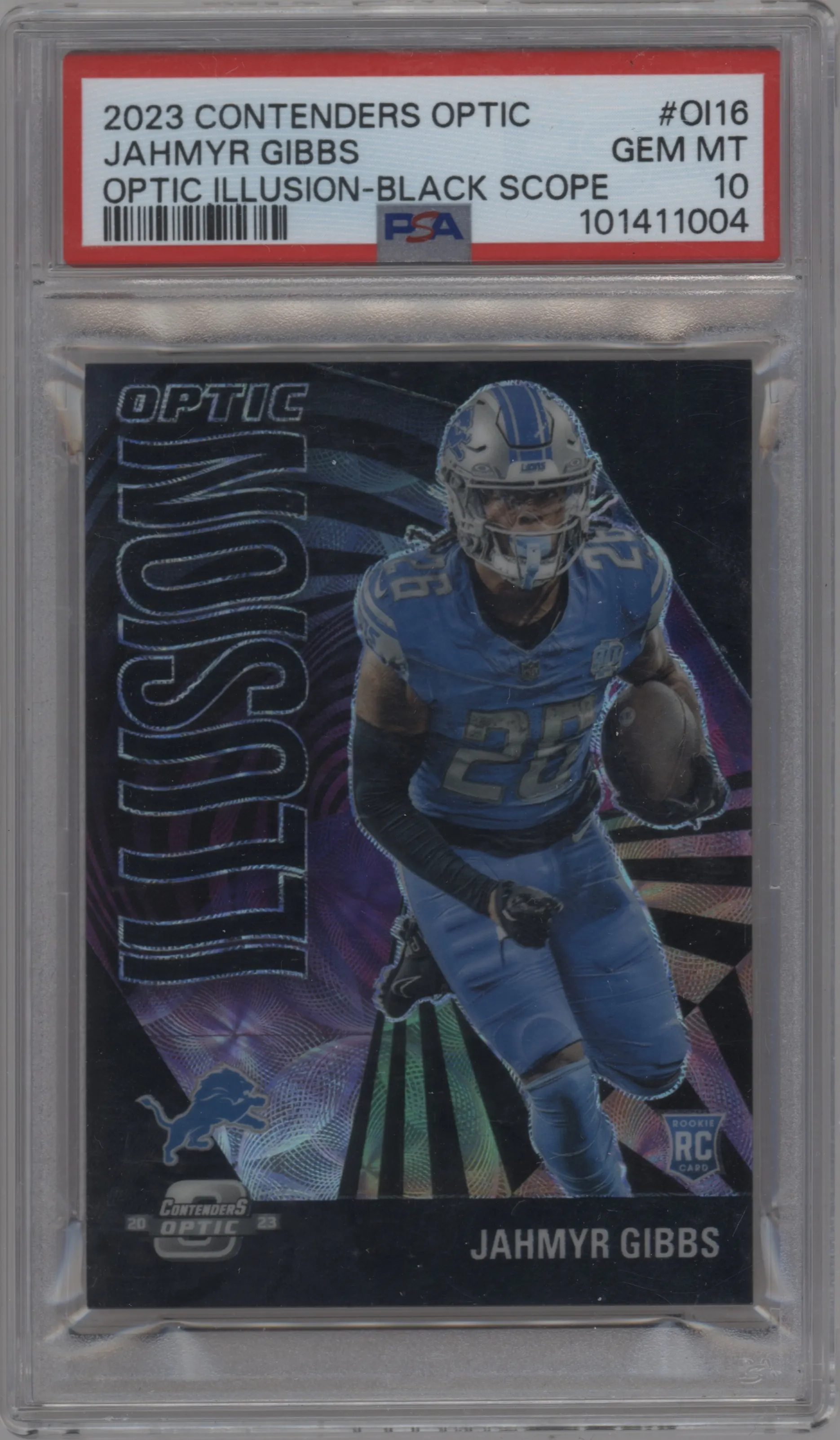2023 Panini Contenders Optic Optic Illusion Jahmyr Gibbs Black Scope #OI-16 PSA 10