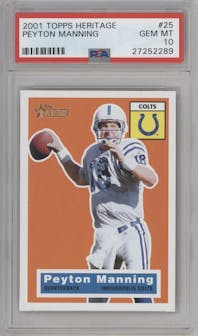 Peyton Manning from the 2001 Topps Heritage set graded by PSA and given an overall grade of 10.