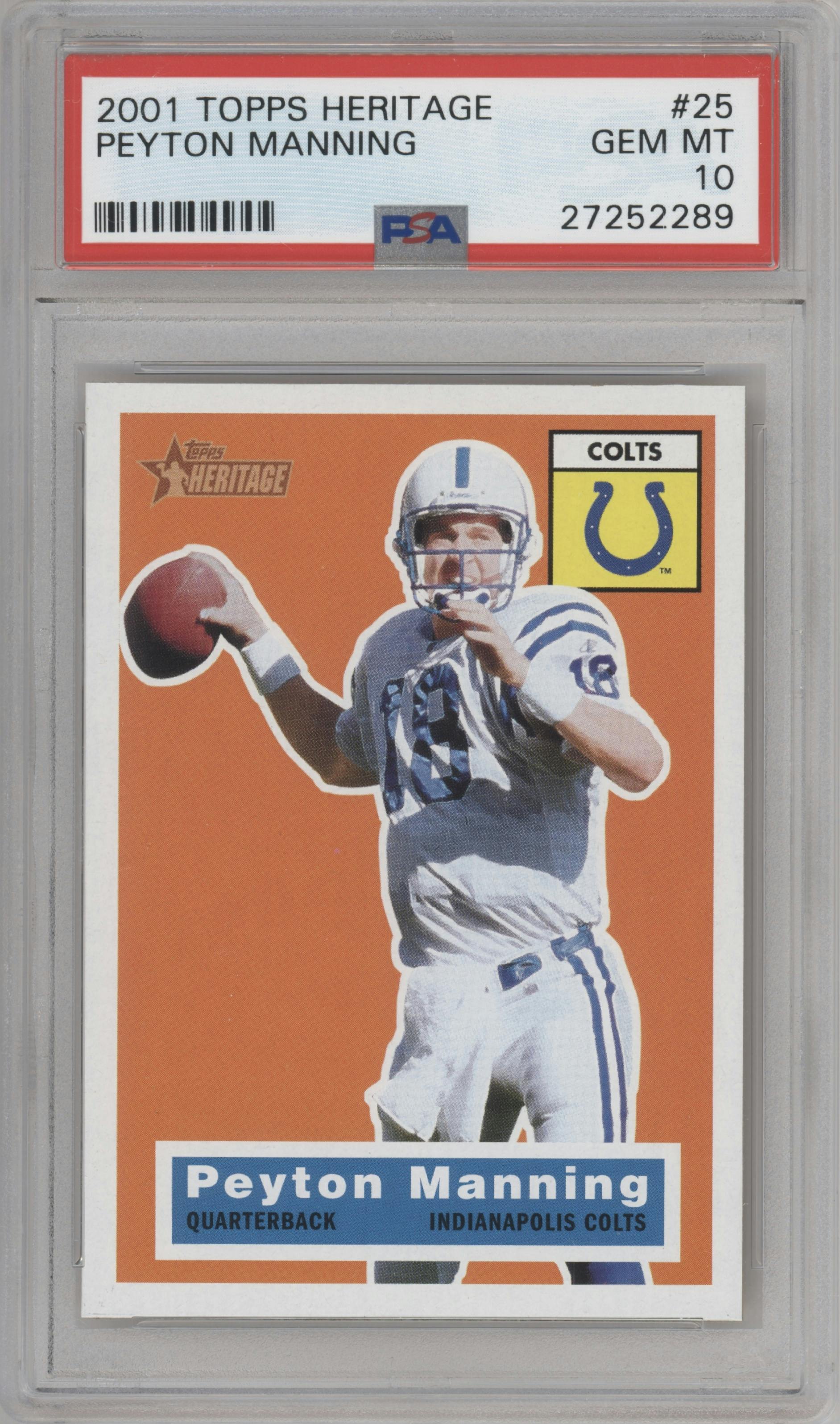 Peyton Manning from the 2001 Topps Heritage set graded by PSA and given an overall grade of 10.