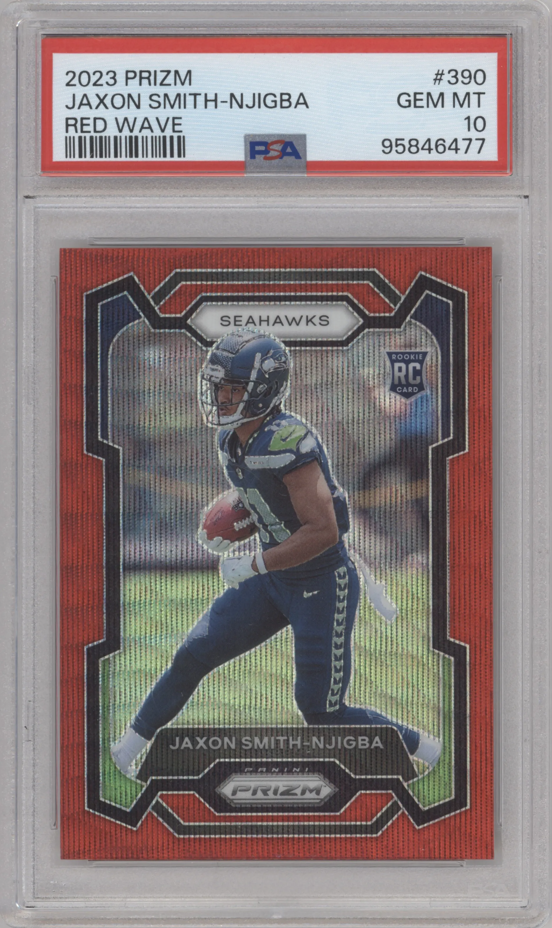 Jaxon Smith-Njigba from the 2023 Panini Prizm set featuring a Red Wave parallel graded by PSA and given an overall grade of 10.