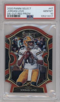 Jordan Love from the 2020 Panini Select set featuring a Die-Cut Red parallel graded by PSA and given an overall grade of 10.