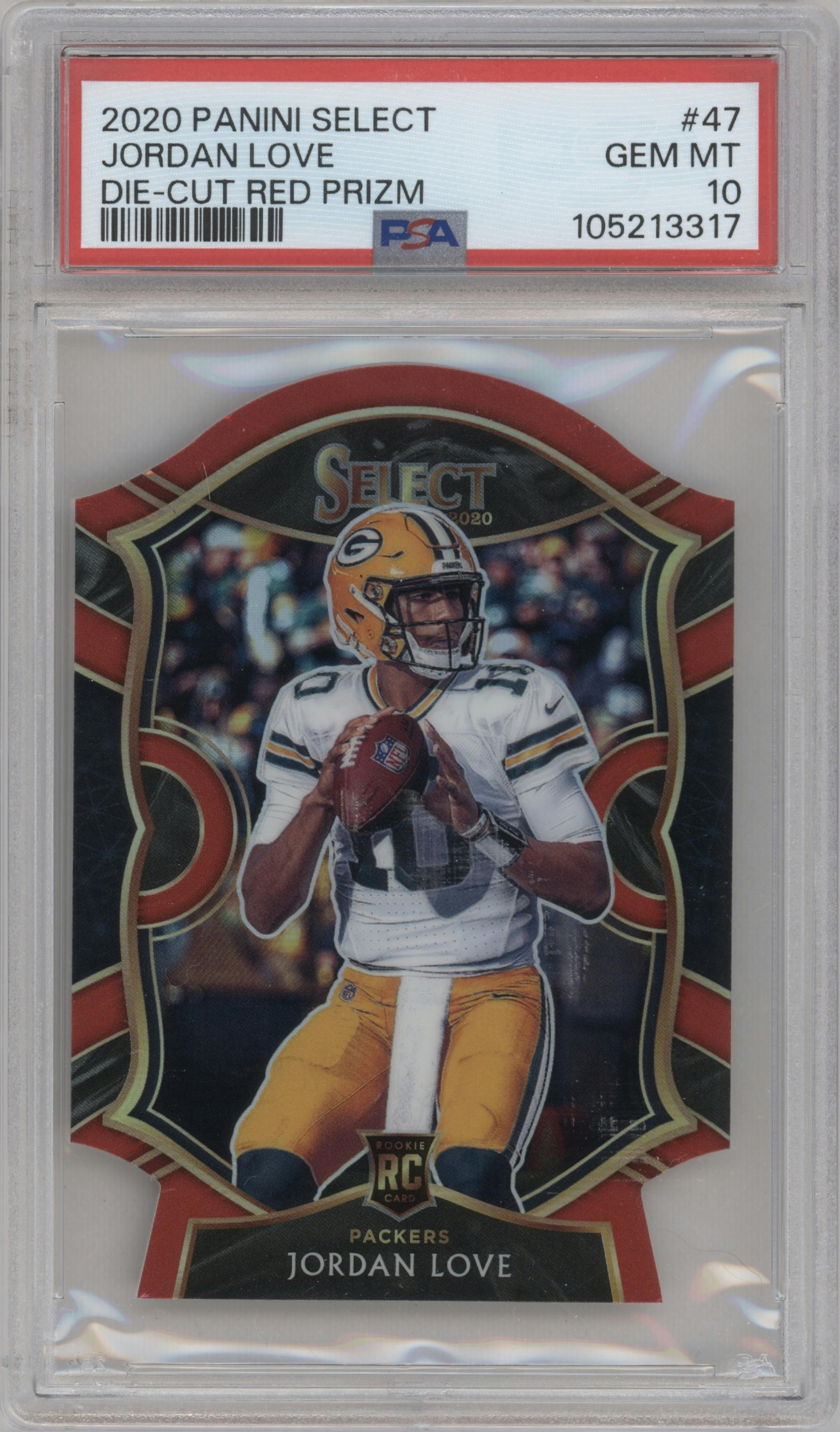 Jordan Love from the 2020 Panini Select set featuring a Die-Cut Red parallel graded by PSA and given an overall grade of 10.