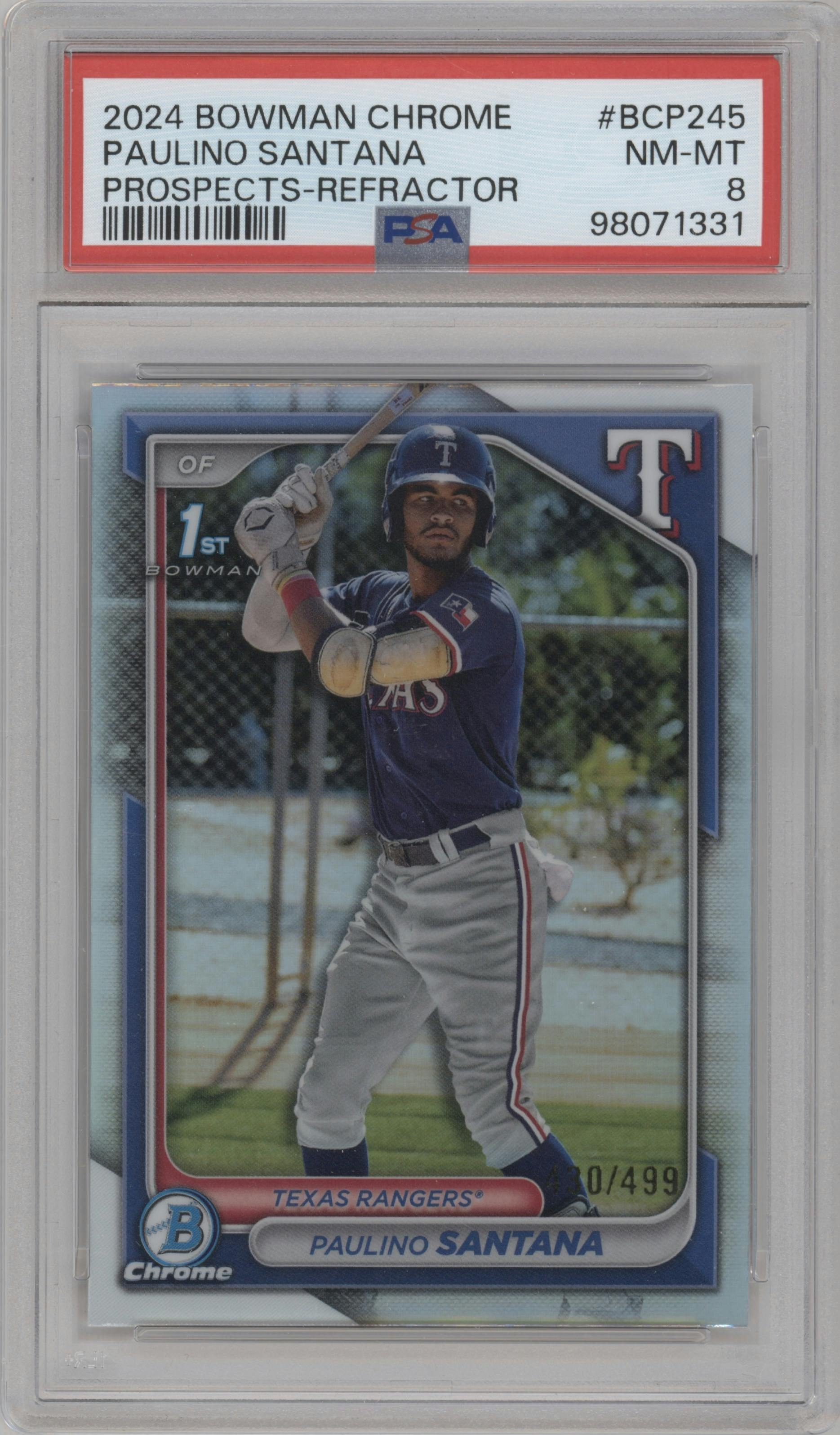 Paulino Santana from the 2024 Bowman Chrome set featuring a Refractor parallel graded by PSA and given an overall grade of 8.