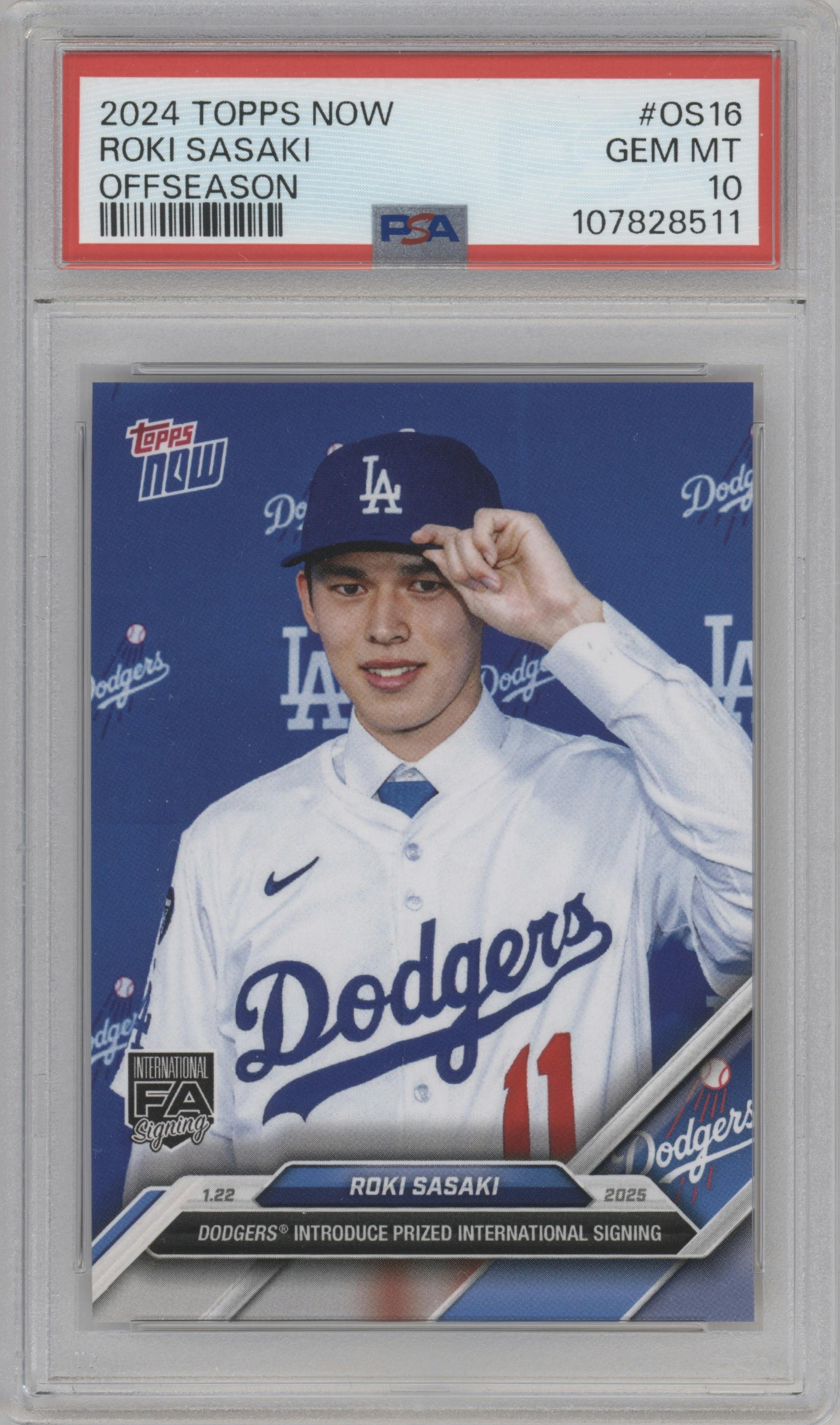 Roki Sasaki from the 2024-25 Topps Now Off-Season set graded by PSA and given an overall grade of 10.