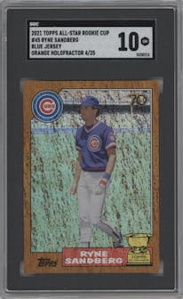Ryne Sandberg from the 2021 Topps All-Star Rookie Cup set featuring a Orange HoloFractor parallel graded by SGC and given an overall grade of 10.