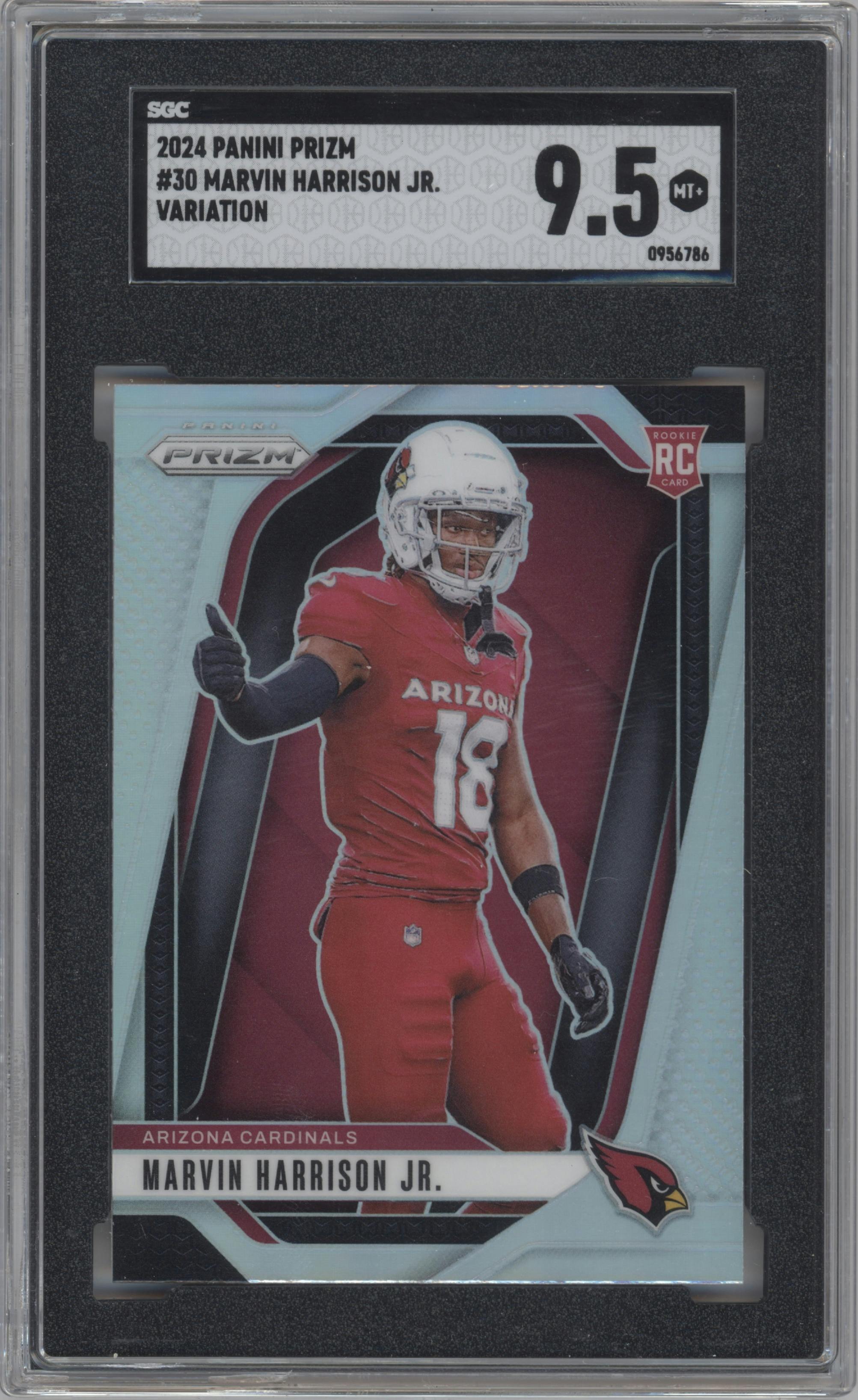 Marvin Harrison Jr. from the 2024 Panini Prizm set graded by SGC and given an overall grade of 9.5.