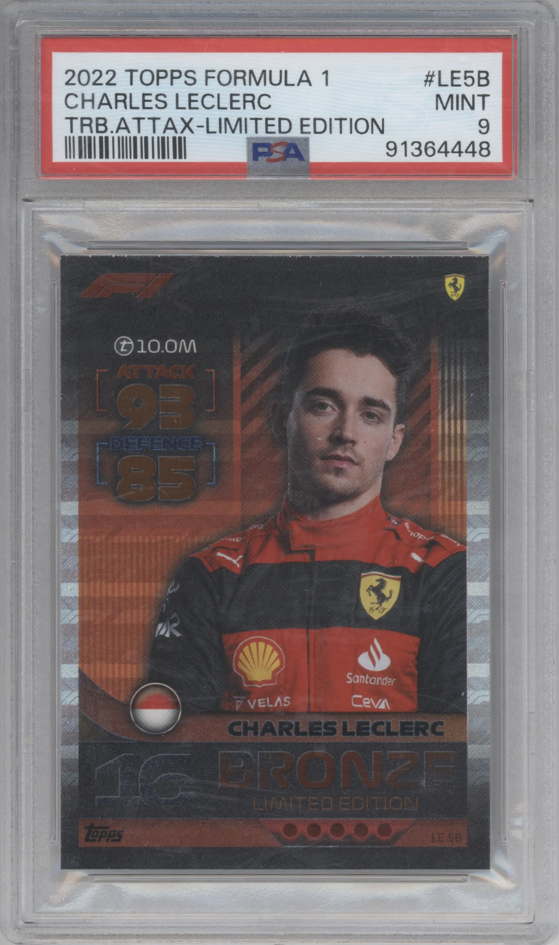 Charles Leclerc from the 2022 Topps Turbo Attax F1 set featuring a Bronze parallel graded by PSA and given an overall grade of 9.