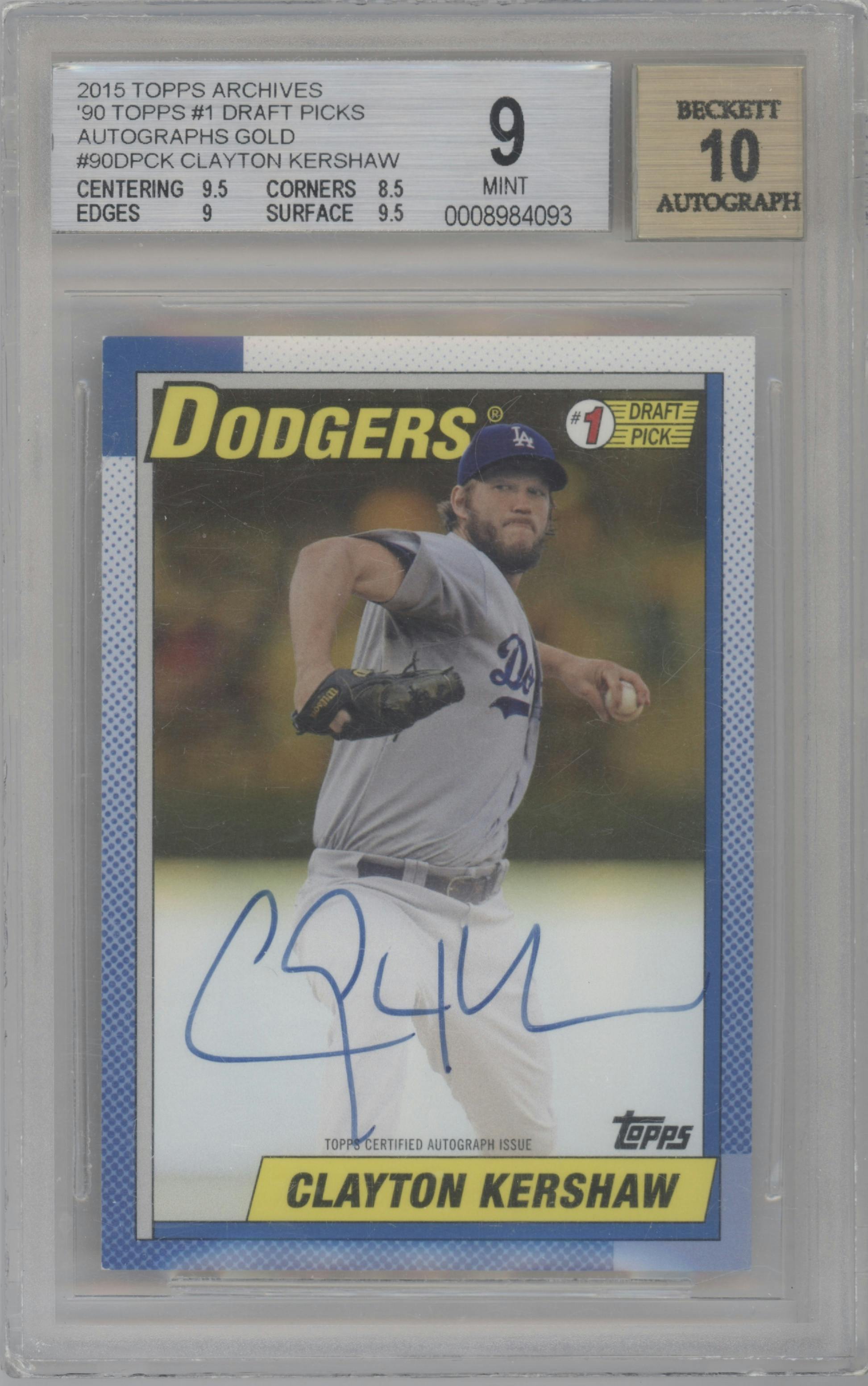 Clayton Kershaw from the 2015 Topps Archives set featuring a Gold parallel graded by Beckett and given an overall grade of 9.