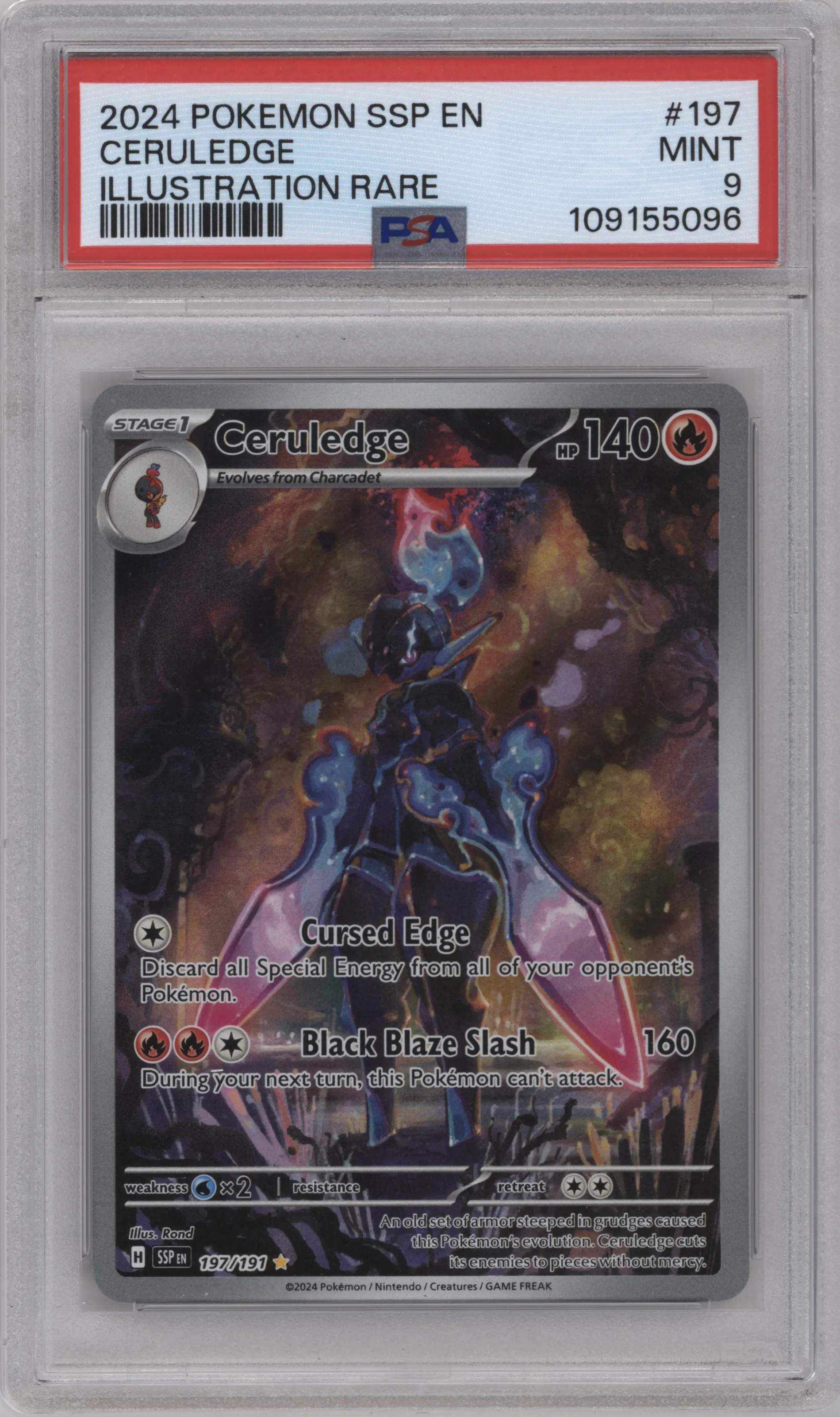 Ceruledge from the 2024 Pokemon SV set graded by PSA and given an overall grade of 9.