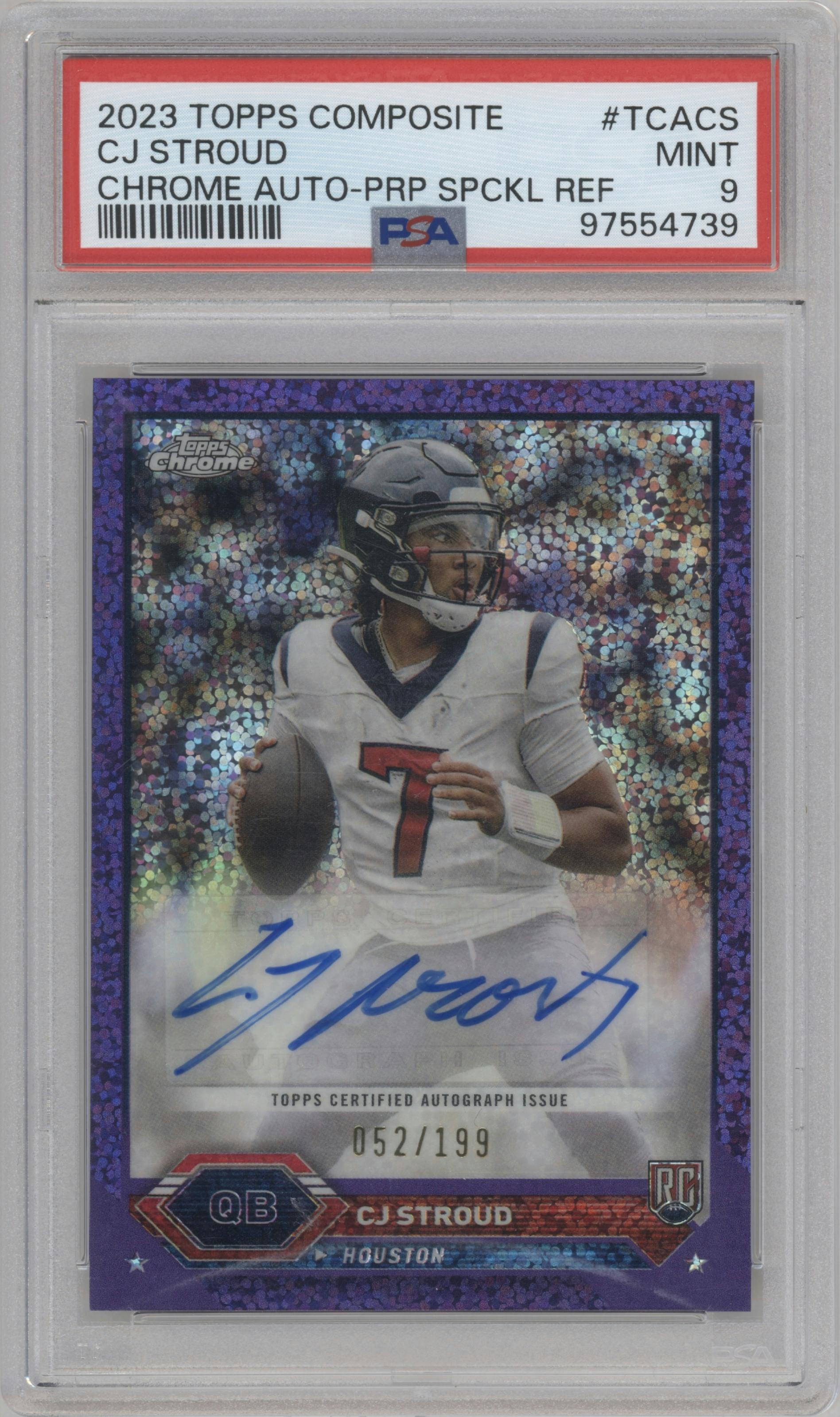 CJ Stroud from the 2023 Topps Composite set featuring a Purple Speckle Refractor parallel graded by PSA and given an overall grade of 9.