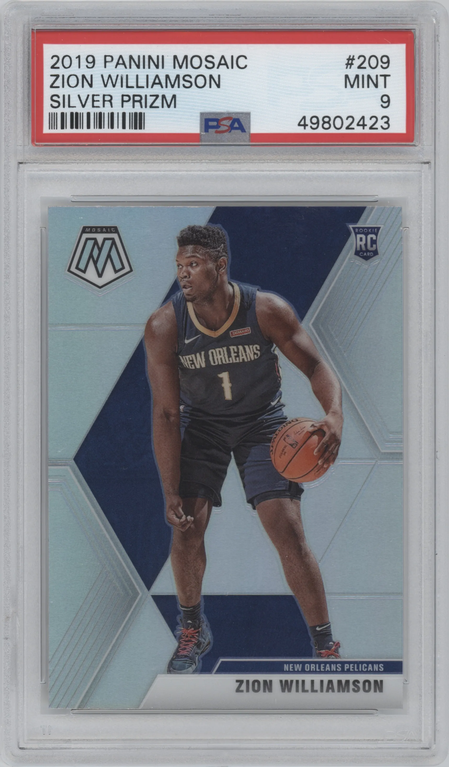 Zion Williamson  from the 2019-20 Panini Mosaic  set featuring a Silver Prizm parallel graded by PSA and given an overall grade of 9.