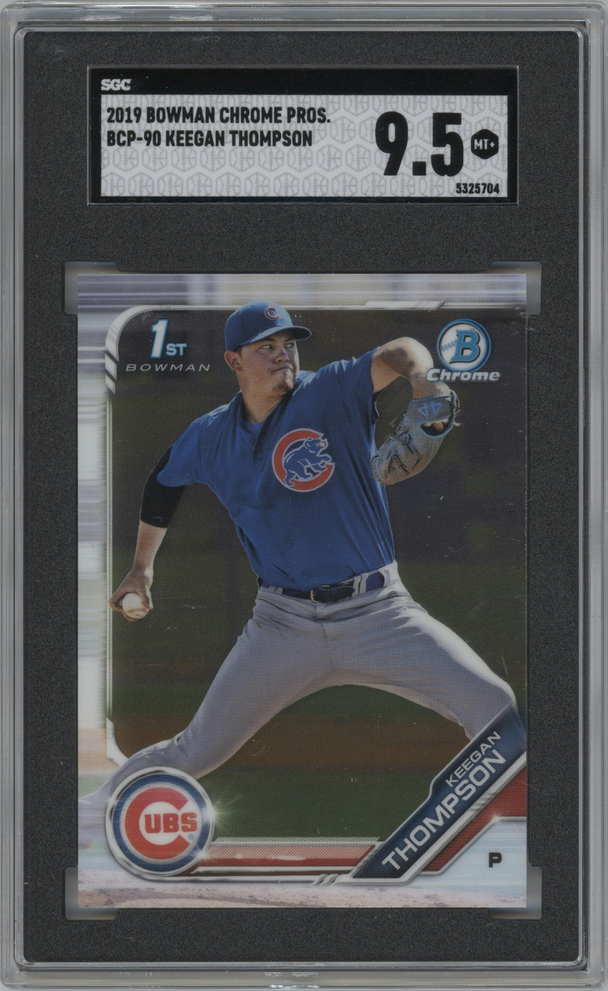 Keegan Thompson from the 2019 Bowman  set graded by SGC and given an overall grade of 9.5.