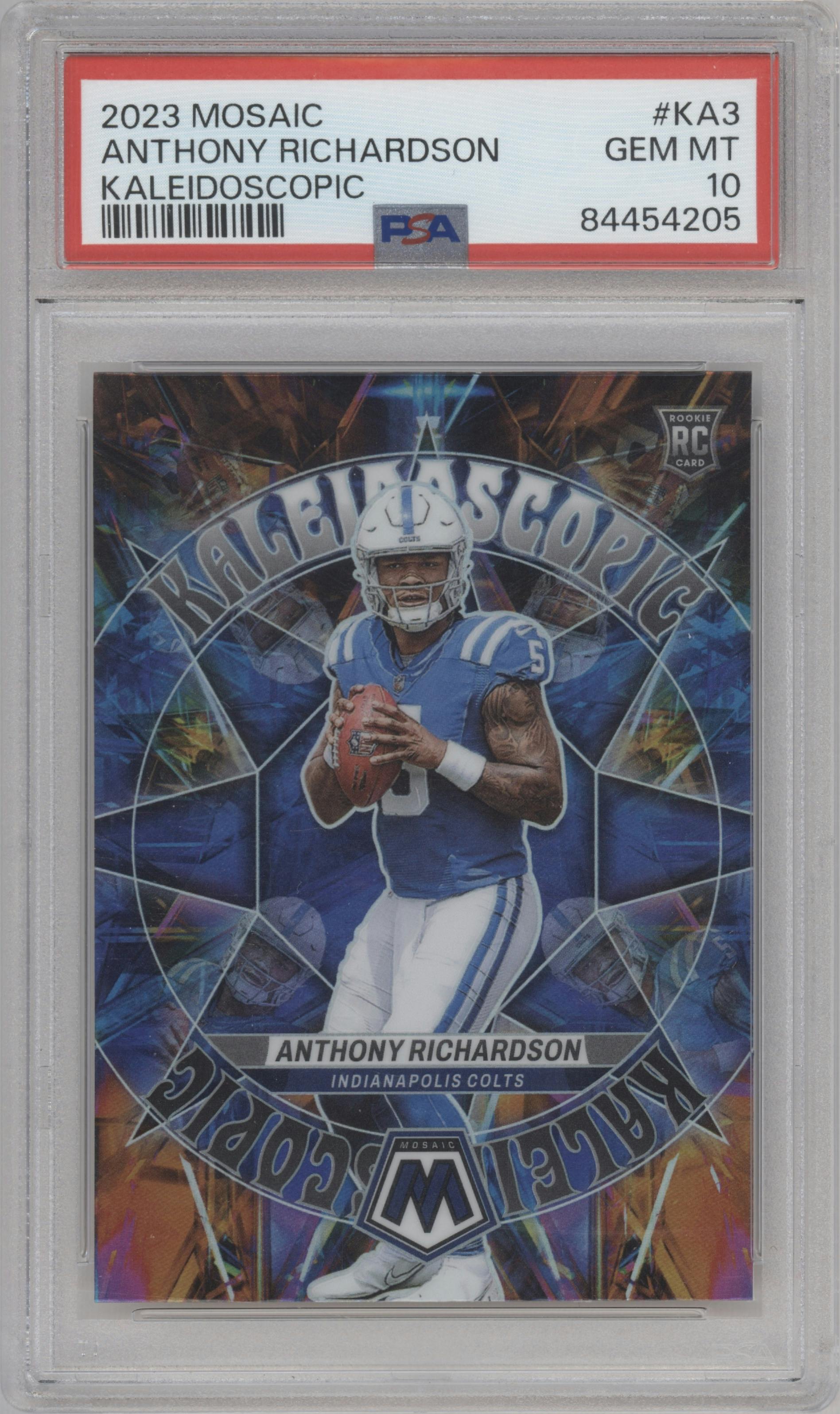 Anthony Richardson from the 2023 Panini Mosaic set graded by PSA and given an overall grade of 10.