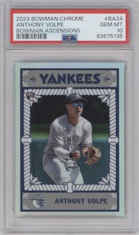 Anthony Volpe from the 2023 Bowman Chrome set graded by PSA and given an overall grade of 10.
