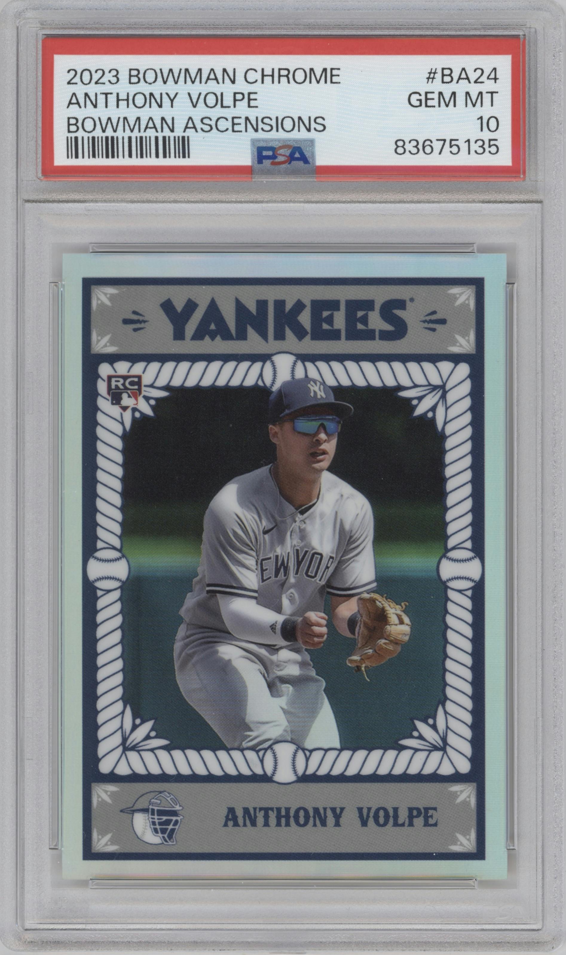 Anthony Volpe from the 2023 Bowman Chrome set graded by PSA and given an overall grade of 10.