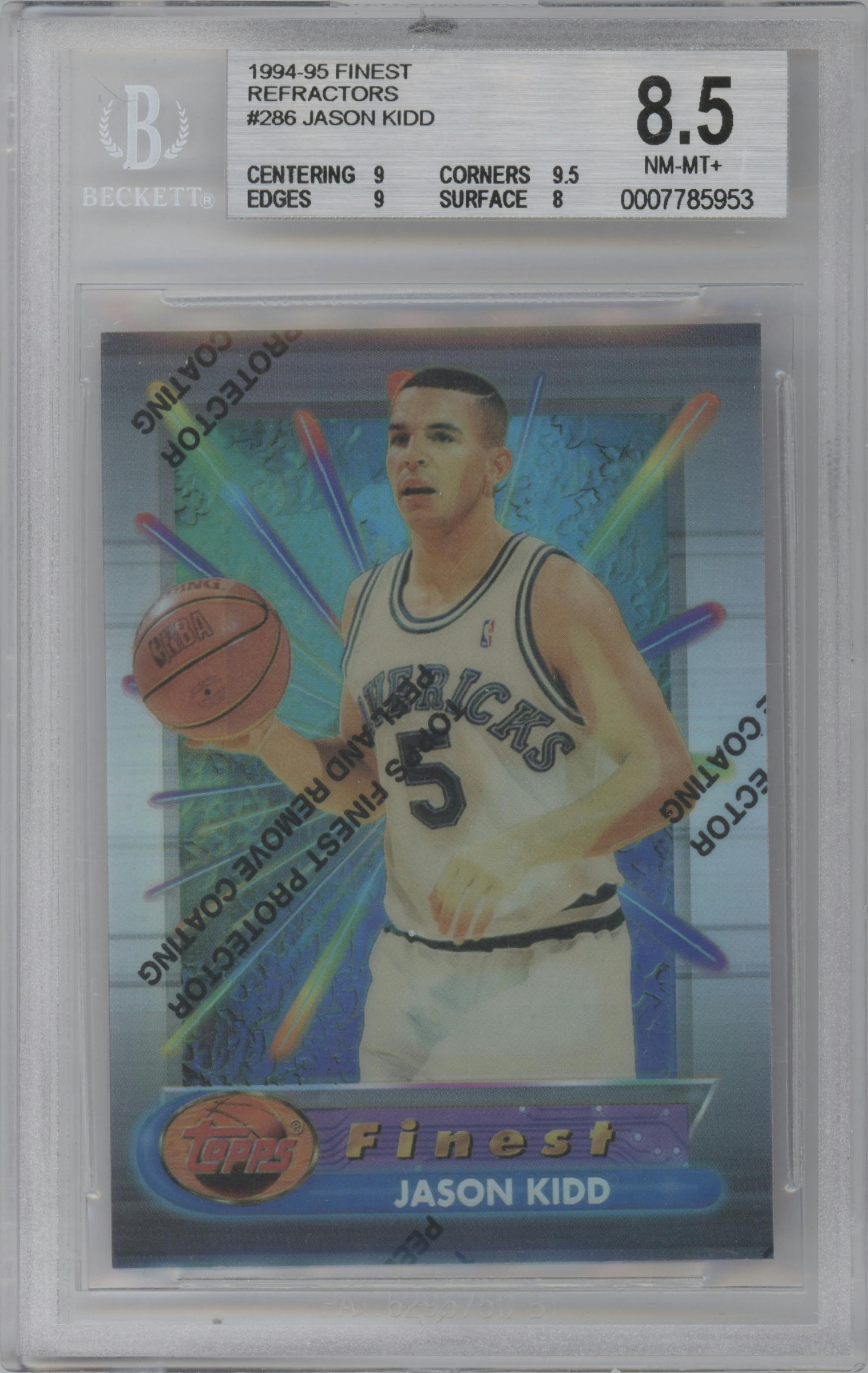 Jason Kidd from the 1994-95 Topps Finest  set featuring a Refractor W/Coating  parallel graded by Beckett and given an overall grade of 8.5.