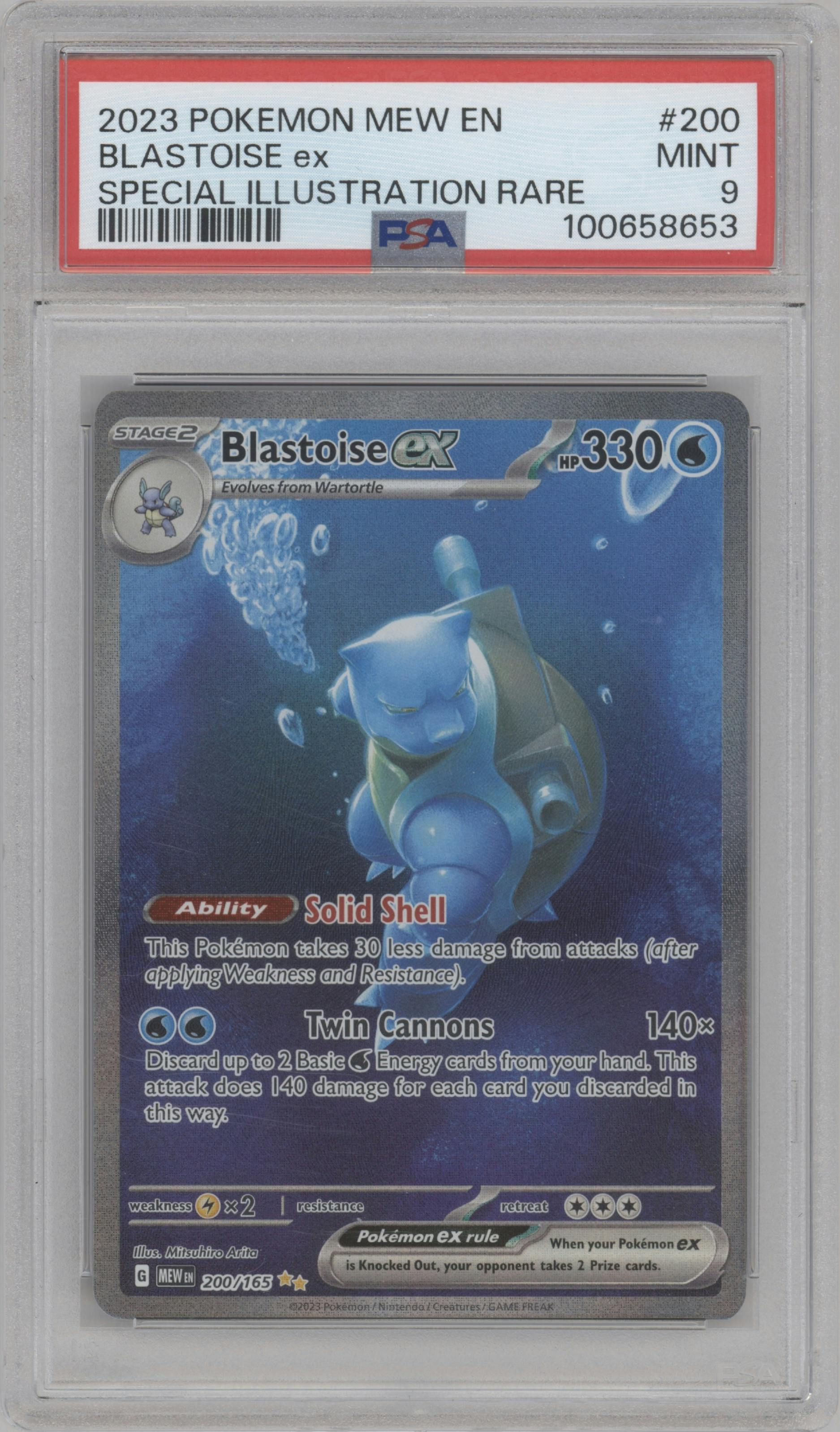 Blastoise ex from the 2023 Pokemon SV set graded by PSA and given an overall grade of 9.