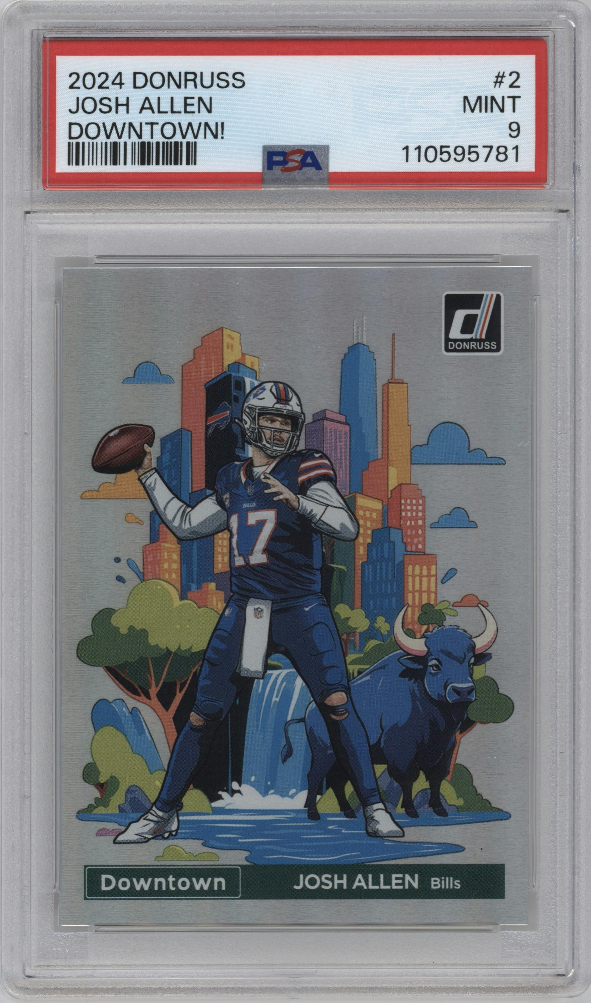 Josh Allen from the 2024 Donruss set graded by PSA and given an overall grade of 9.