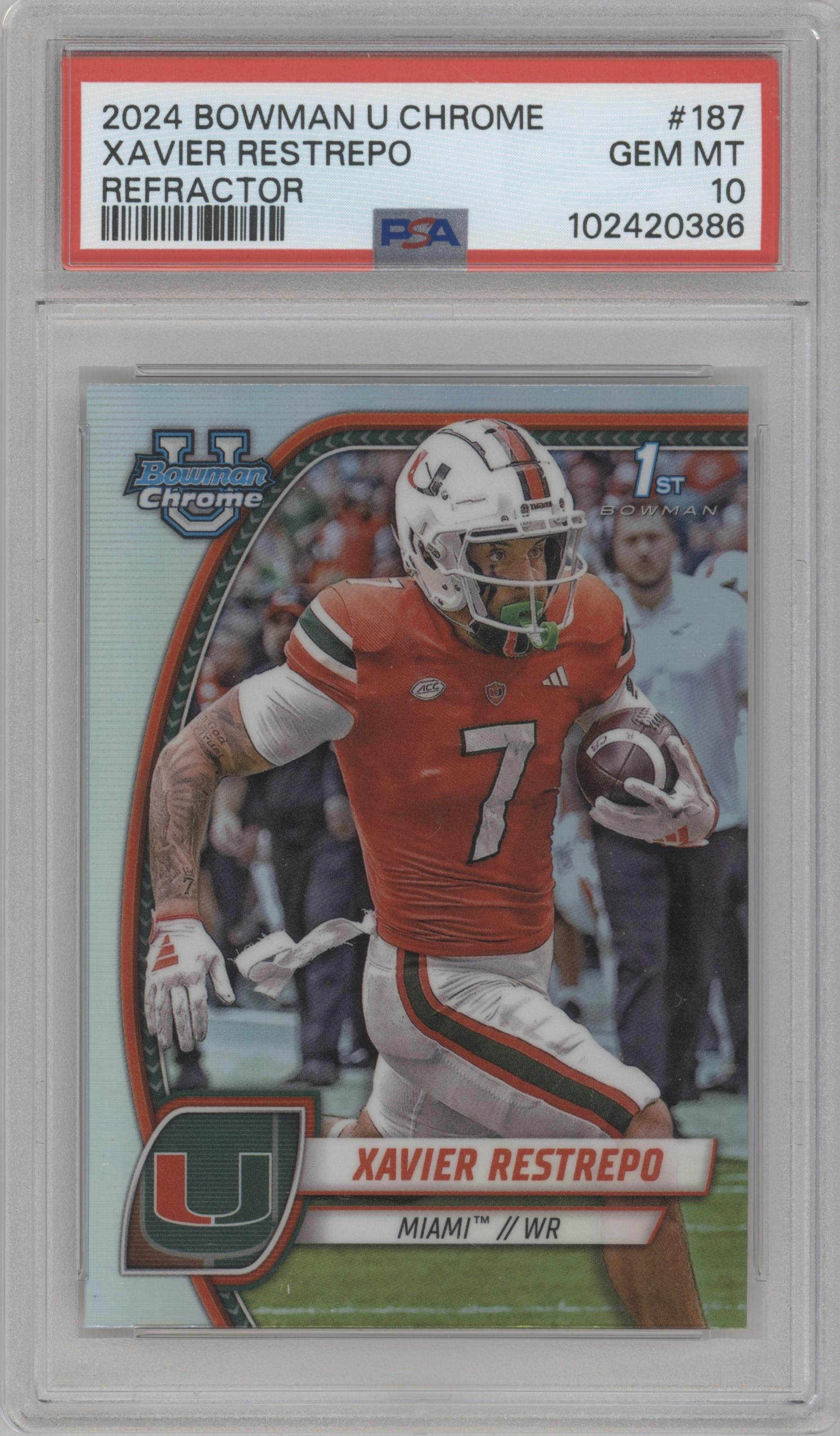 Xavier Restrepo from the 2024 Bowman University Chrome set featuring a Refractor parallel graded by PSA and given an overall grade of 10.