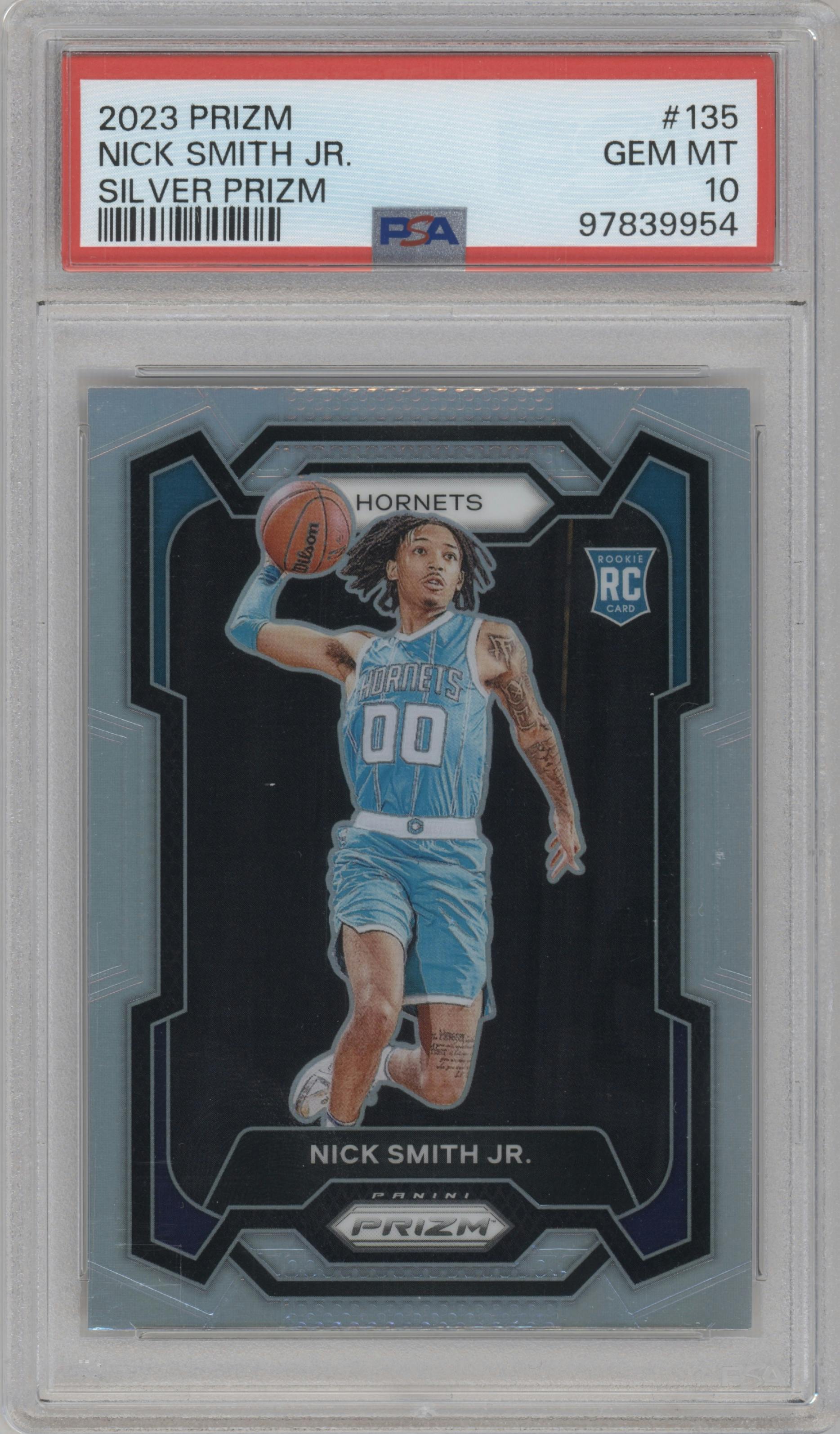 Nick Smith Jr. from the 2023-24 Panini Prizm set featuring a Silver Prizm  parallel graded by PSA and given an overall grade of 10.