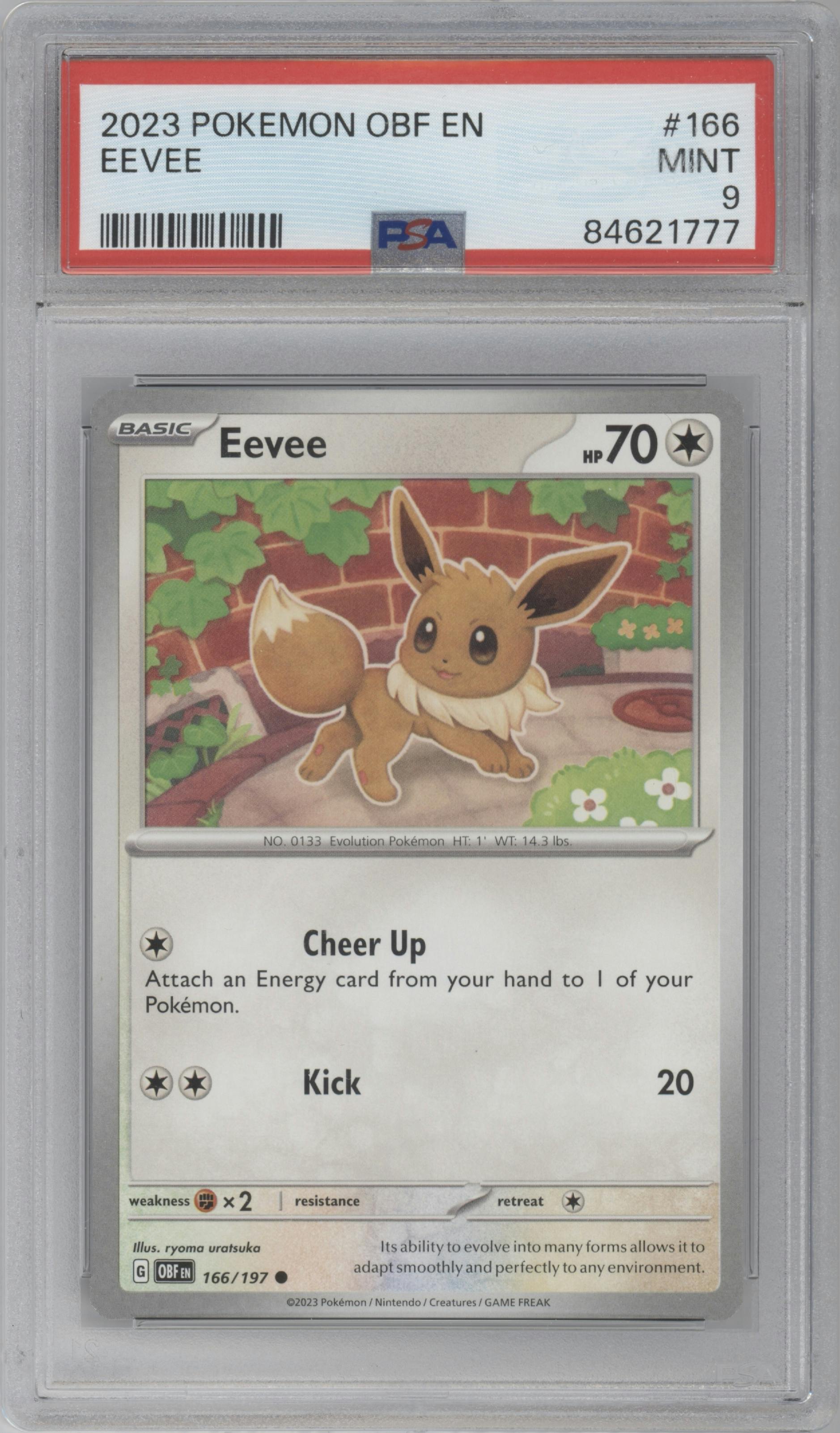 Eevee from the 2023 Pokemon SV set graded by PSA and given an overall grade of 9.