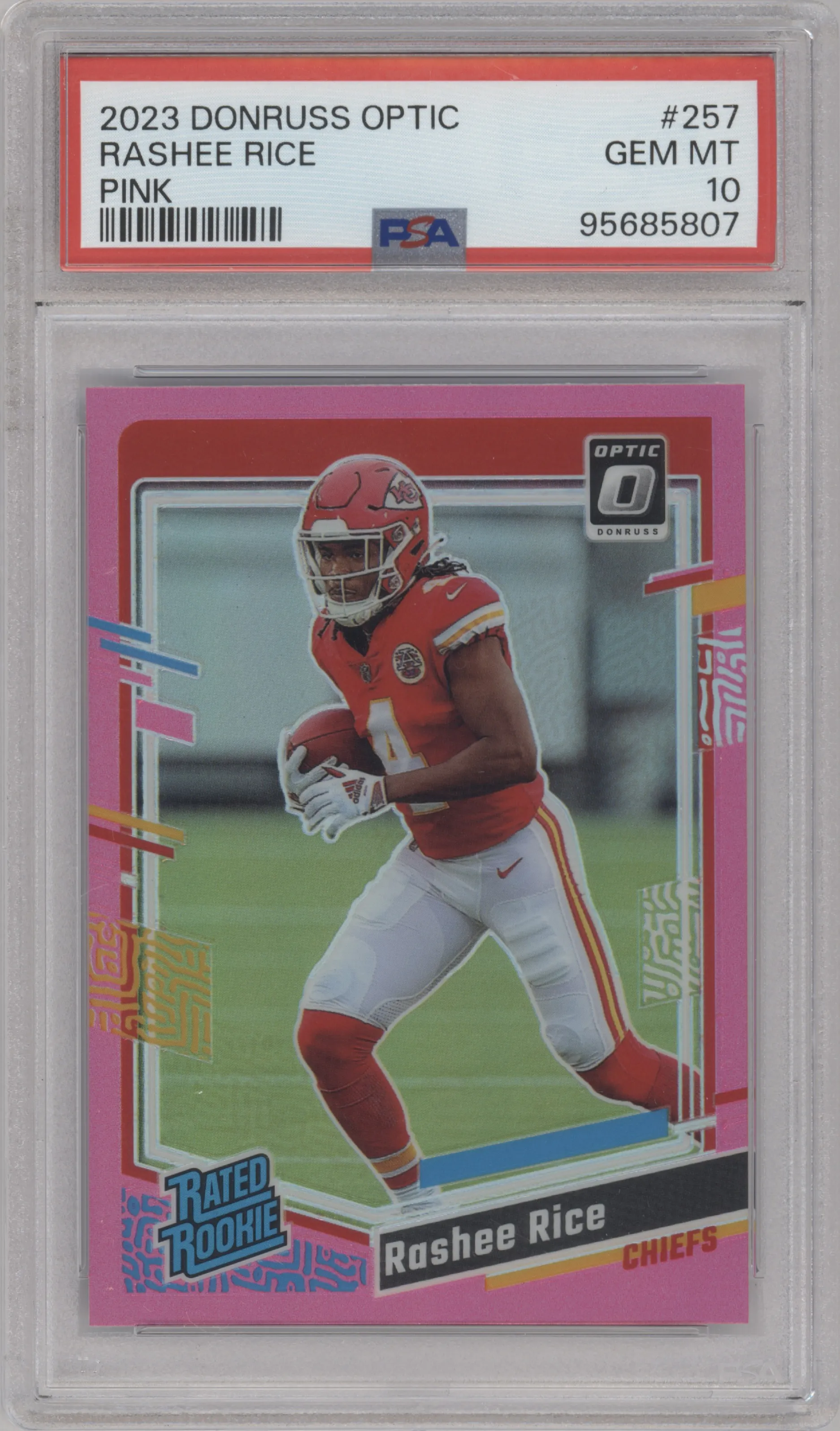 Rashee Rice from the 2023 Donruss Optic set featuring a Pink parallel graded by PSA and given an overall grade of 10.
