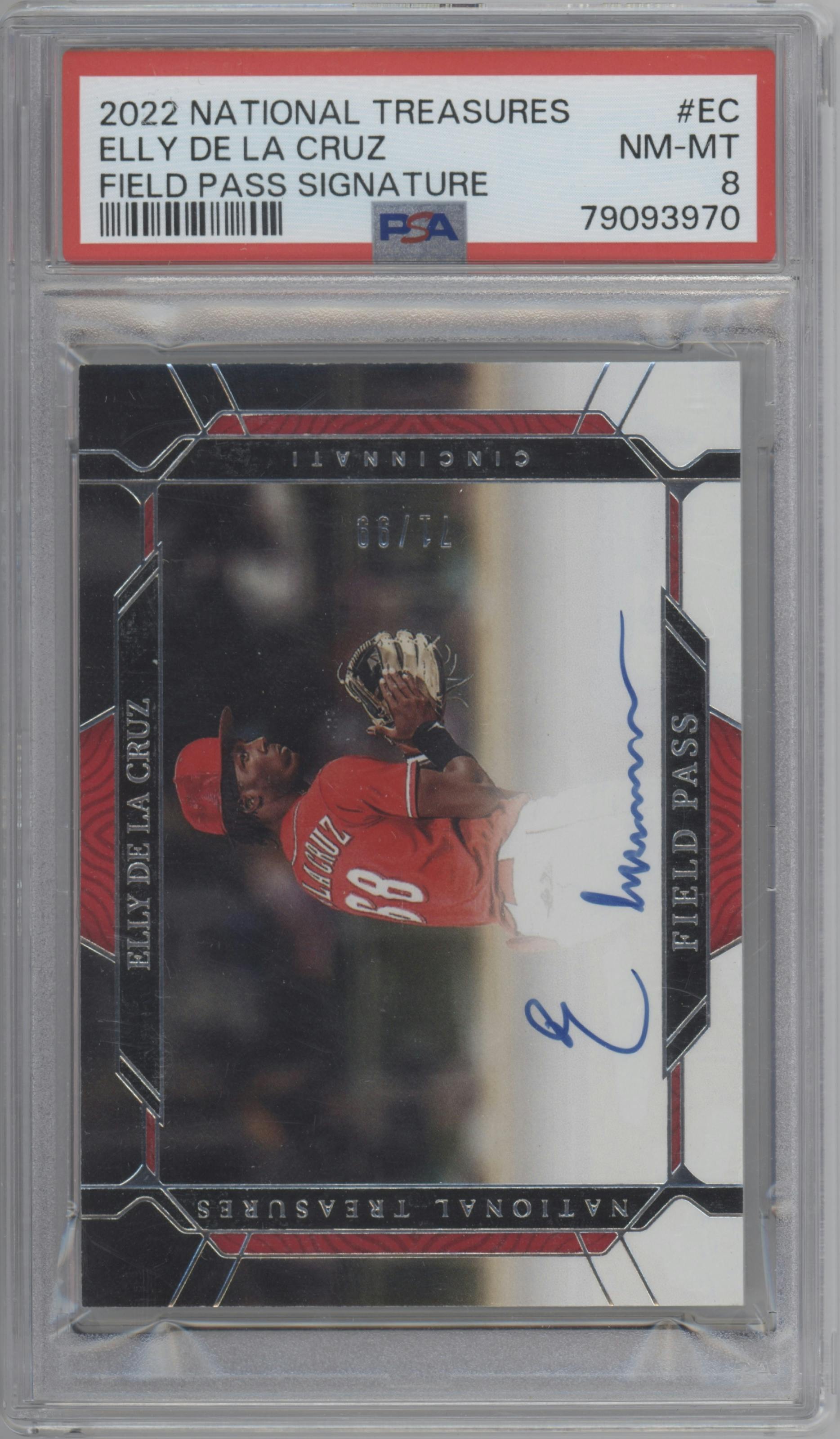 Elly De La Cruz from the 2022 Panini National Treasures set graded by PSA and given an overall grade of 8.