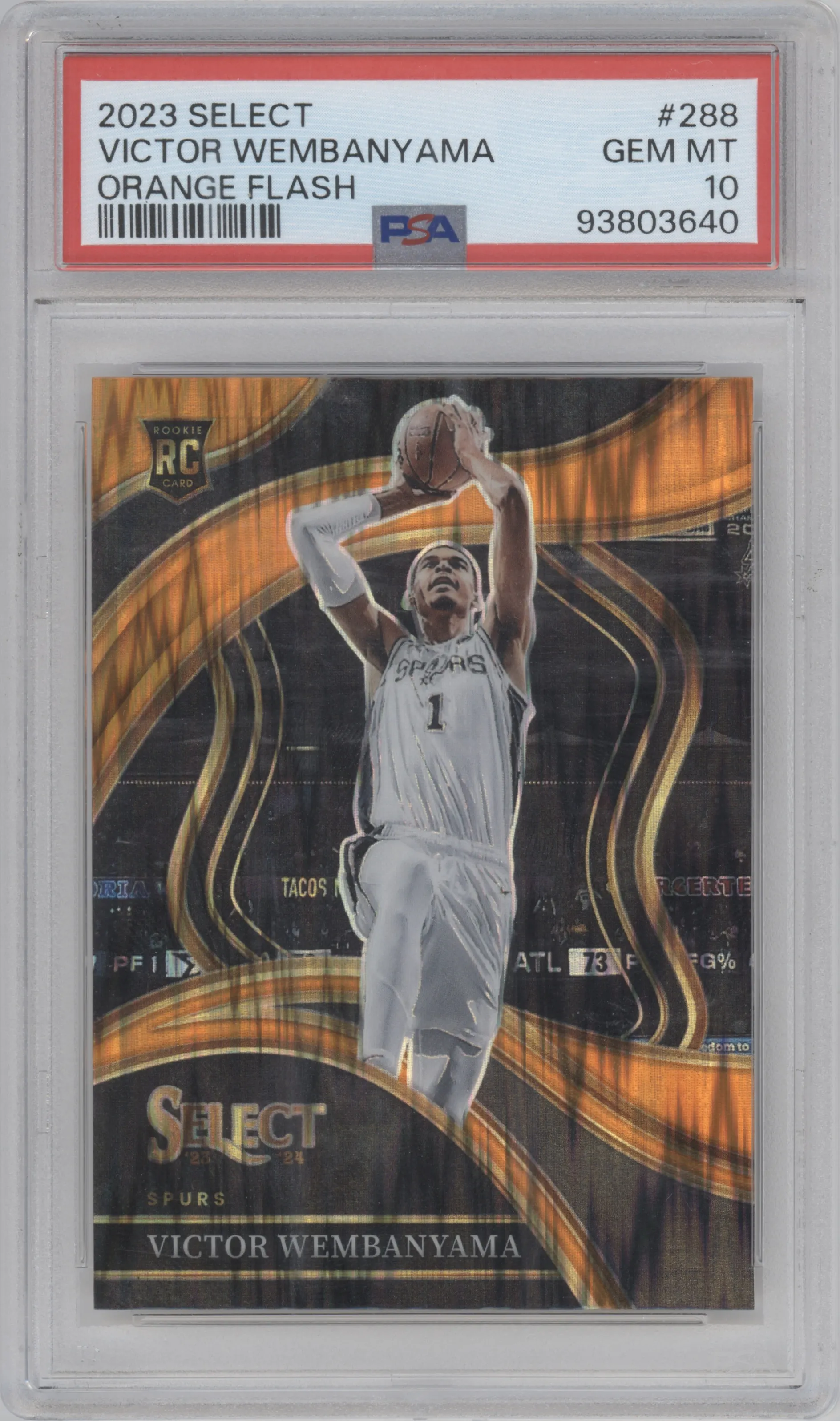 Victor Wembanyama from the 2023-24 Panini Select  set featuring a Orange Flash parallel graded by PSA and given an overall grade of 10.