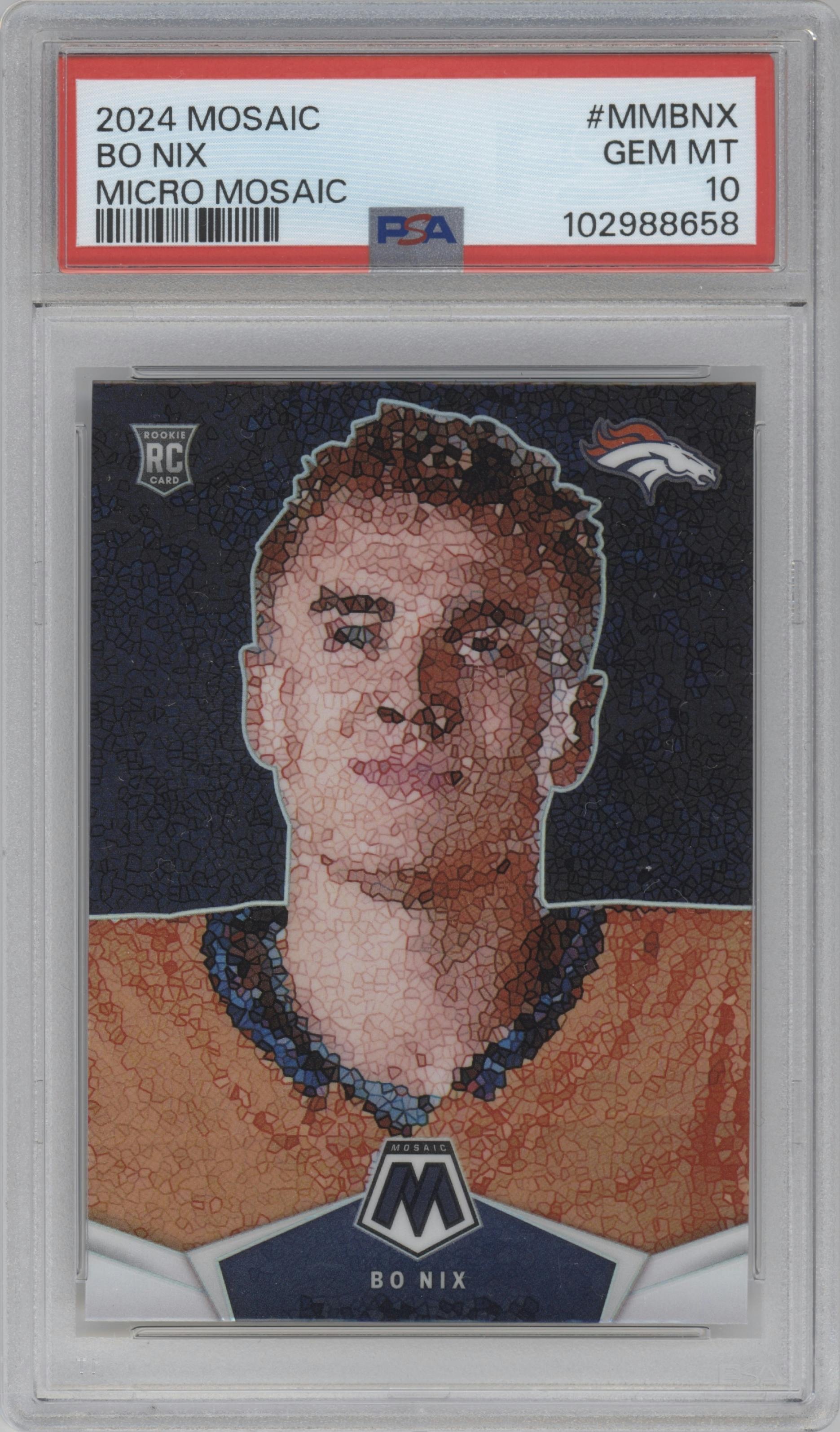 Bo Nix from the 2024 Panini Mosaic set graded by PSA and given an overall grade of 10.