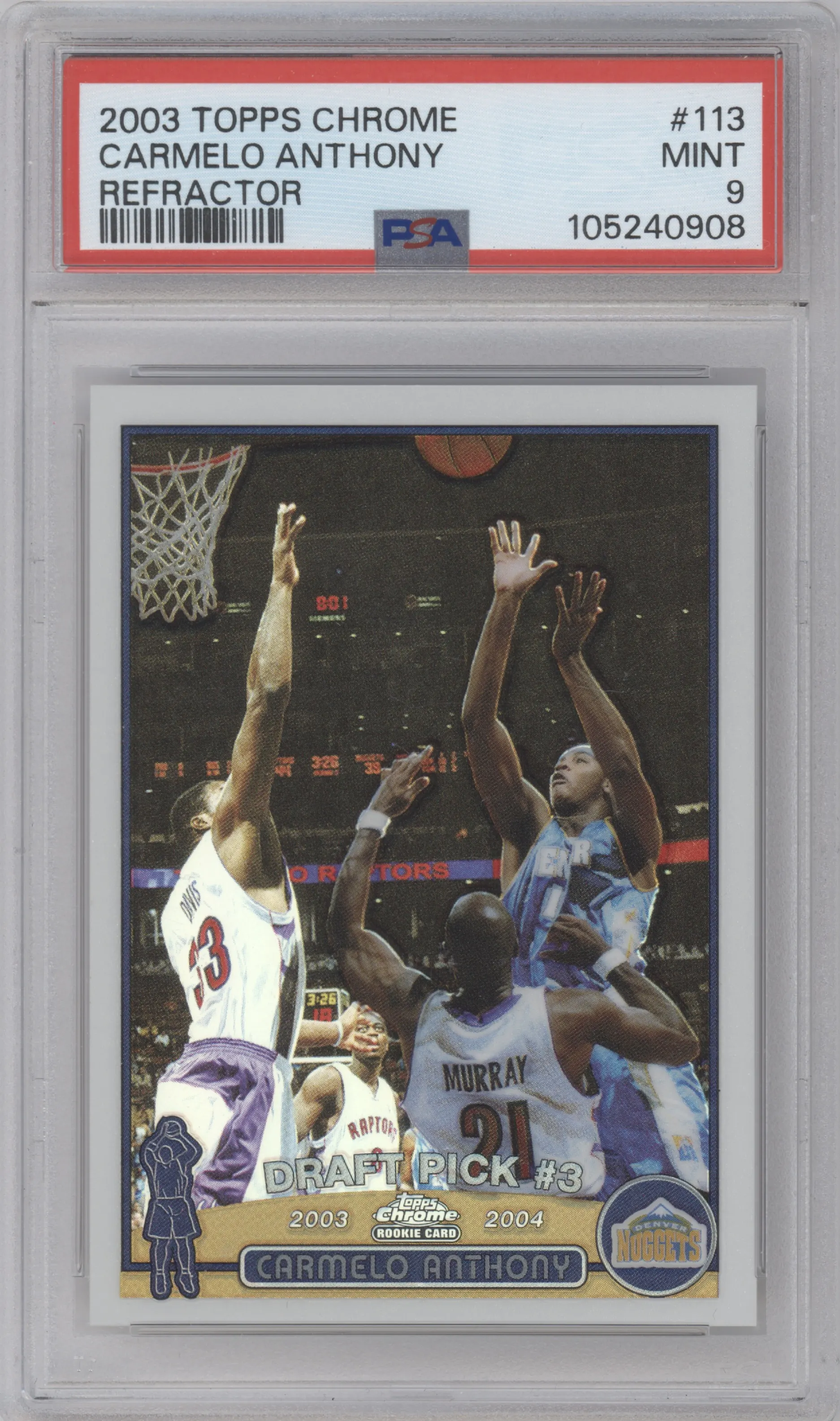 Carmelo Anthony from the 2003-04 Topps Chrome set featuring a Refractor parallel graded by PSA and given an overall grade of 9.