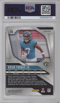Brian Thomas Jr. from the 2024 Panini Prizm set featuring a Blue Wave Prizm parallel graded by PSA and given an overall grade of 10.