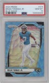 Brian Thomas Jr. from the 2024 Panini Prizm set featuring a Blue Wave Prizm parallel graded by PSA and given an overall grade of 10.